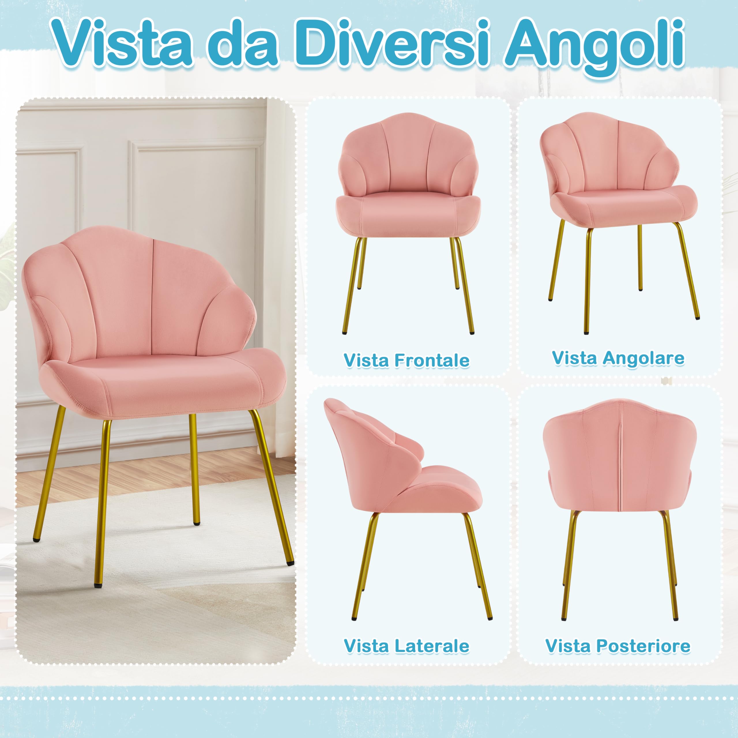 Yaheetech Poltrona in Velluto Moderno Poltrocina con Schienale a Forma di Conchiglia Sedia Imbottita da Lettura per Soggiorno Camera da Letto Ufficio Sedia Laterale da Salotto Shell Rosa