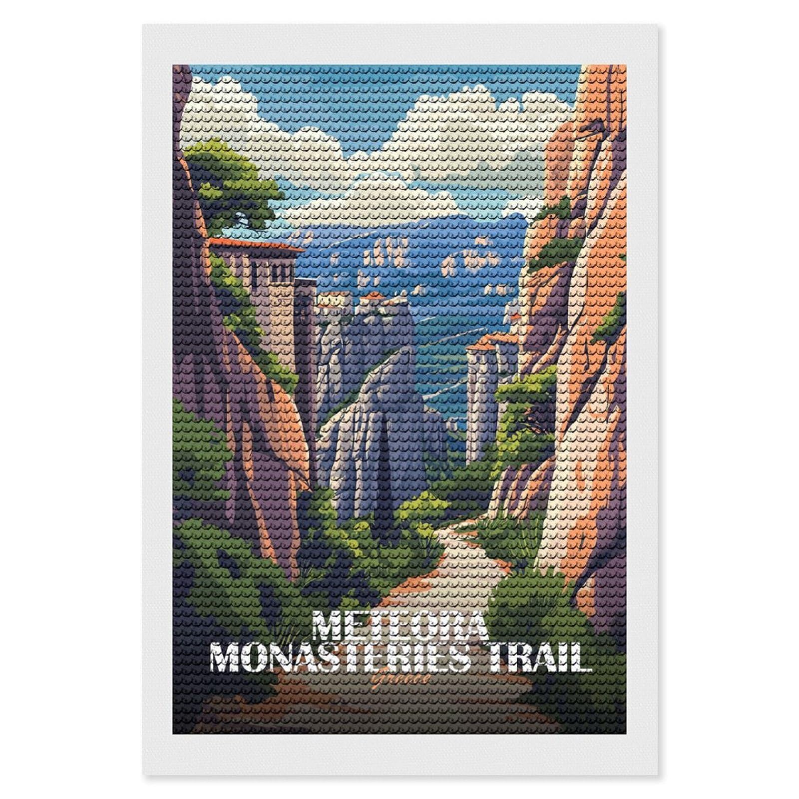 Junmoney Meteora Monasteries Trail Greece Art Diamond Painting Canvas Set 8"x12", Full Kit Included, Calming Craft to Unwind, Farmhouse Decor, Christmas Gift