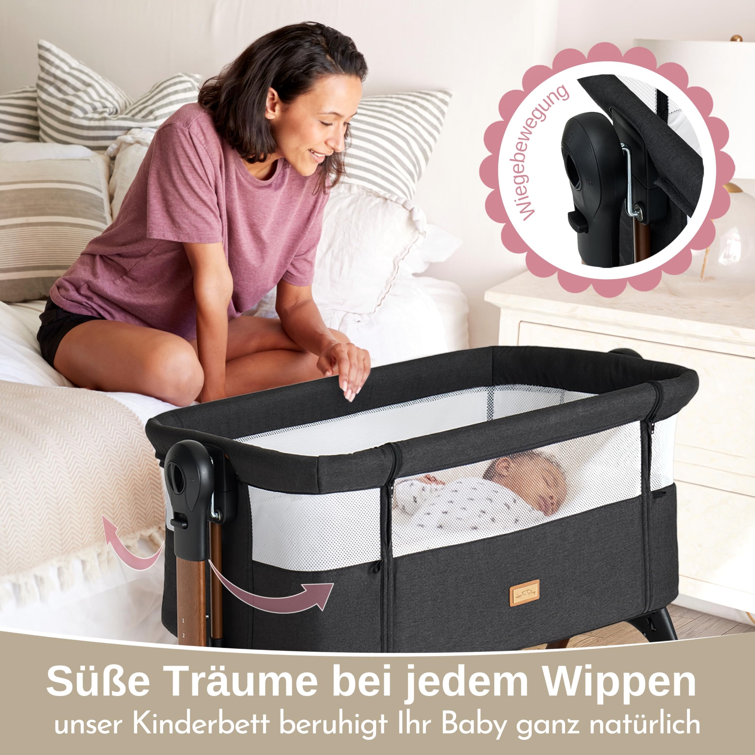 LullaBee Beistellbett & Baby Co-Sleeper – 6 Höhenstufen, Schaukel­funktion, Rollen, gesteppte Matratze, Mesh-Seiten mit Moskitonetz, faltbares Bett mit Tragetasche (0–6 Monate) – Schwarz/Braun