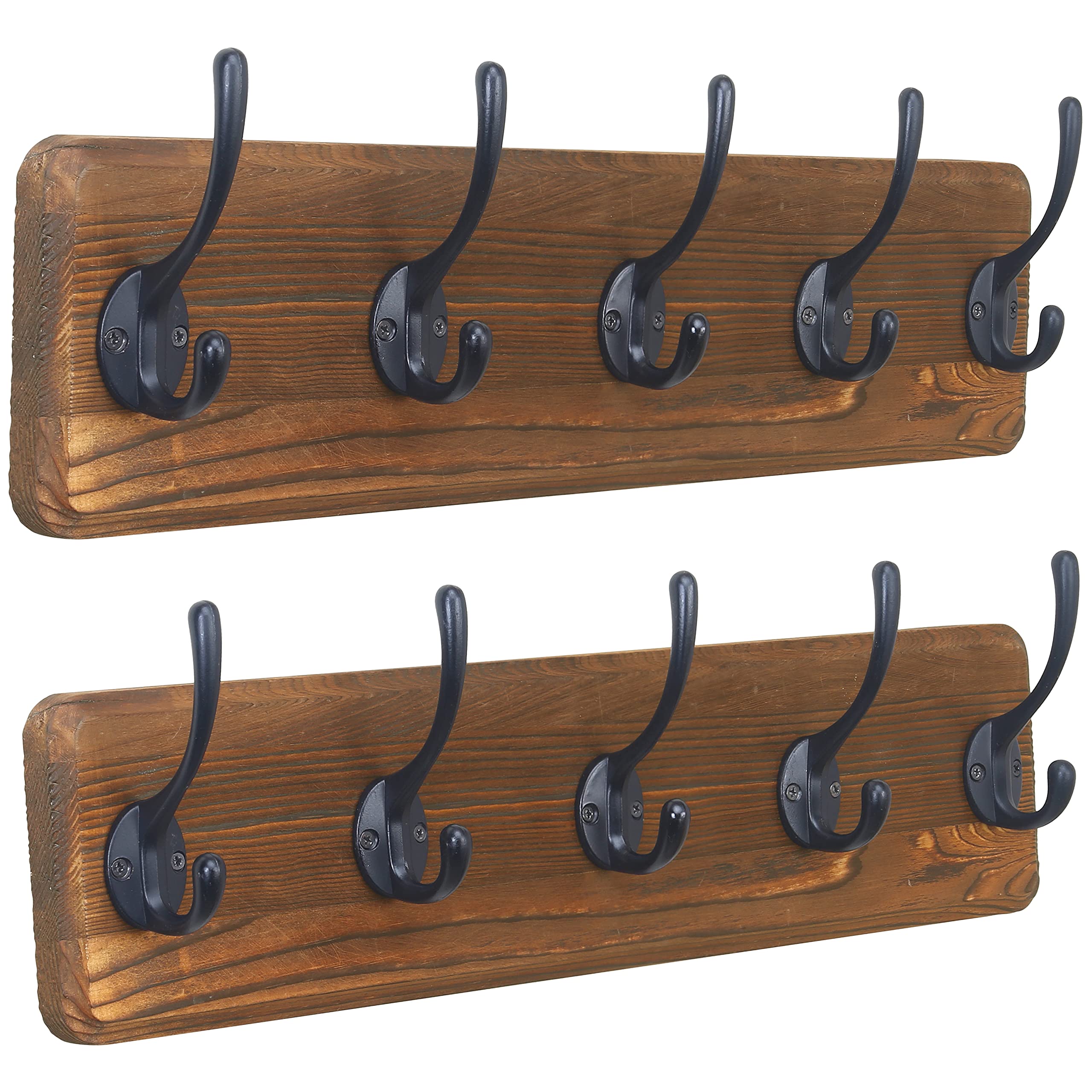 dseap coat rack wall mounted with 5 coat hooks - heavy duty wooden wall coat hanger for clothes hat jacket clothing, natural & black, 2 packs