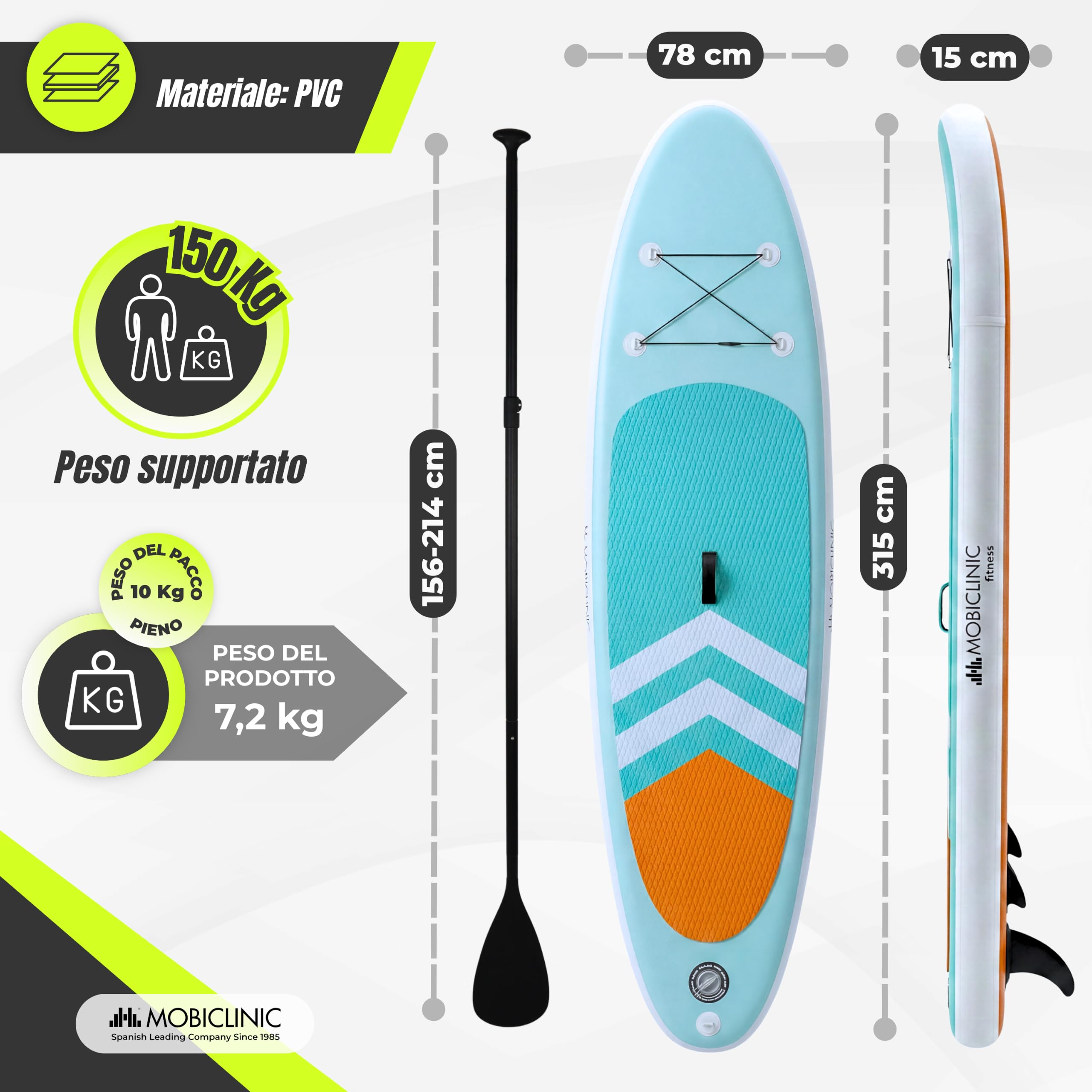 Mobiclinic®, Tavola da Sup Gonfiabile, Stand up Paddle, Pompa, Zaino, Pagaia Regolabile, Kit di Riparazione, 315x78x15 cm, Pieghevole, Per Bambini, Adulti e Animali Domestici