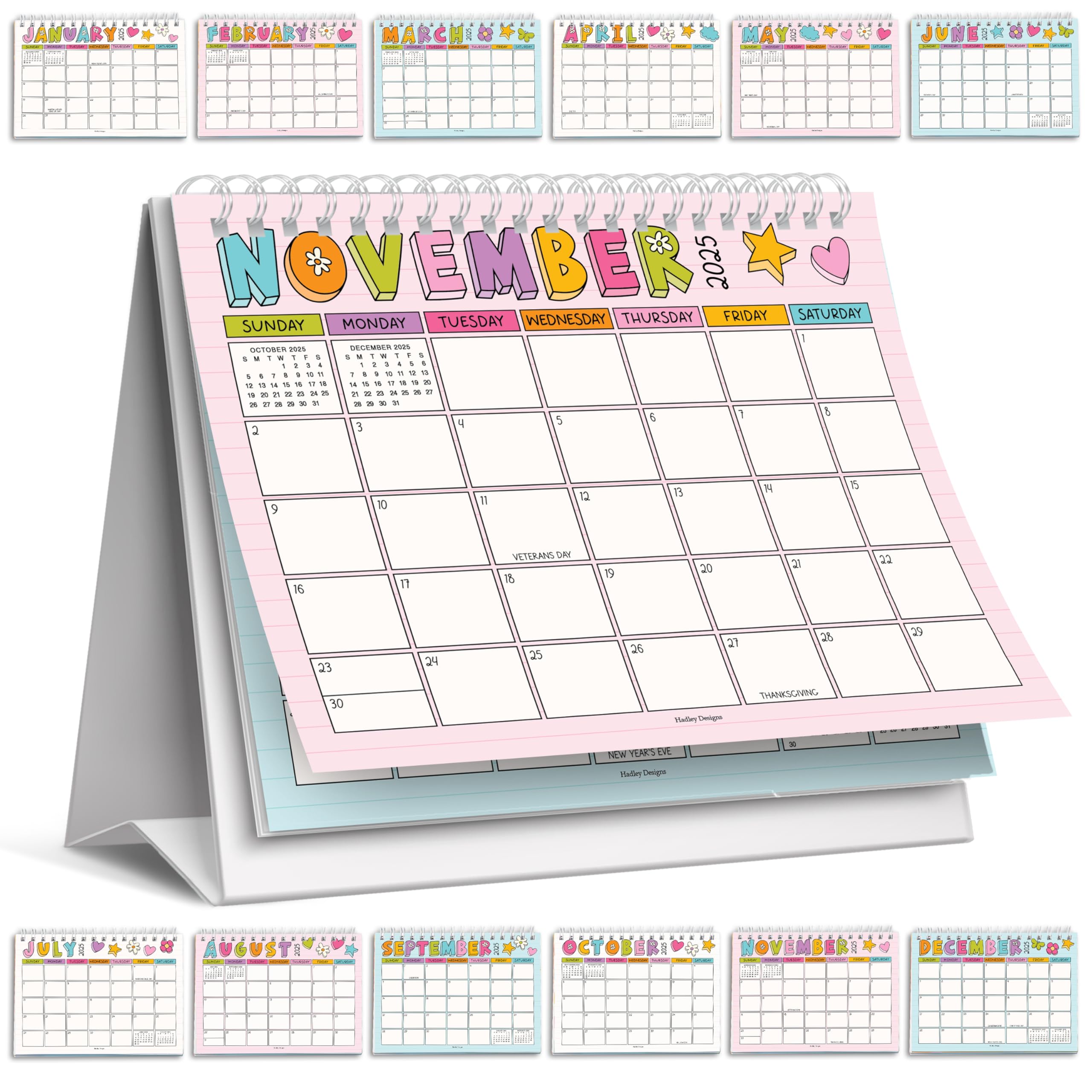 Hadley Designs Small Desk Calendar 2025-2026 Standing Flip – 18-Month Flip Calendar for Desk, Ideal for Office, Home, & Classroom – Cute Monthly