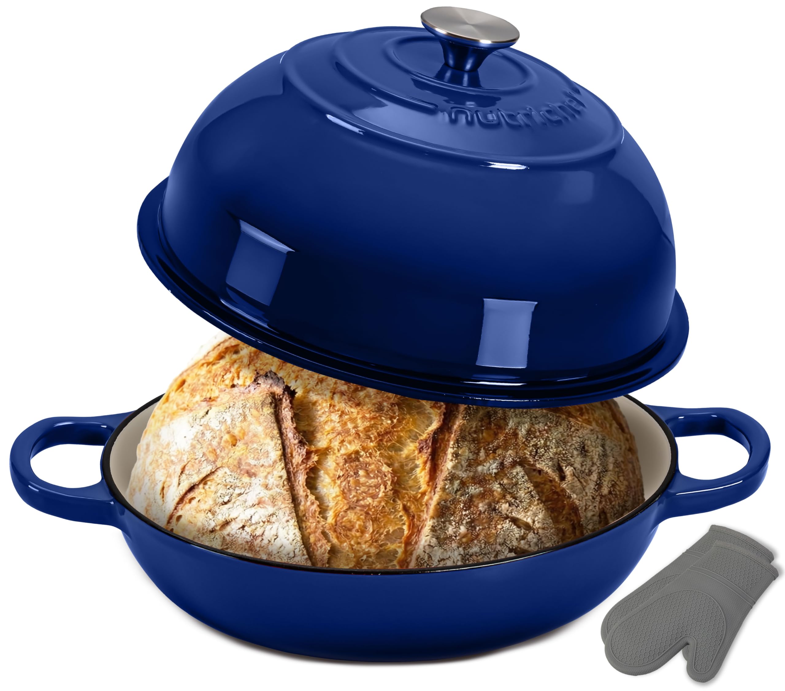 NutriChef Four à Pain en Fonte Émaillée avec Couvercle Dôme – Cocotte Dutch Oven 26 cm pour Pain au Levain, Pain Artisanal, Ragoût, Cuisson Vapeur, Four 260 °C, Compatible Induction, Gants Silicone