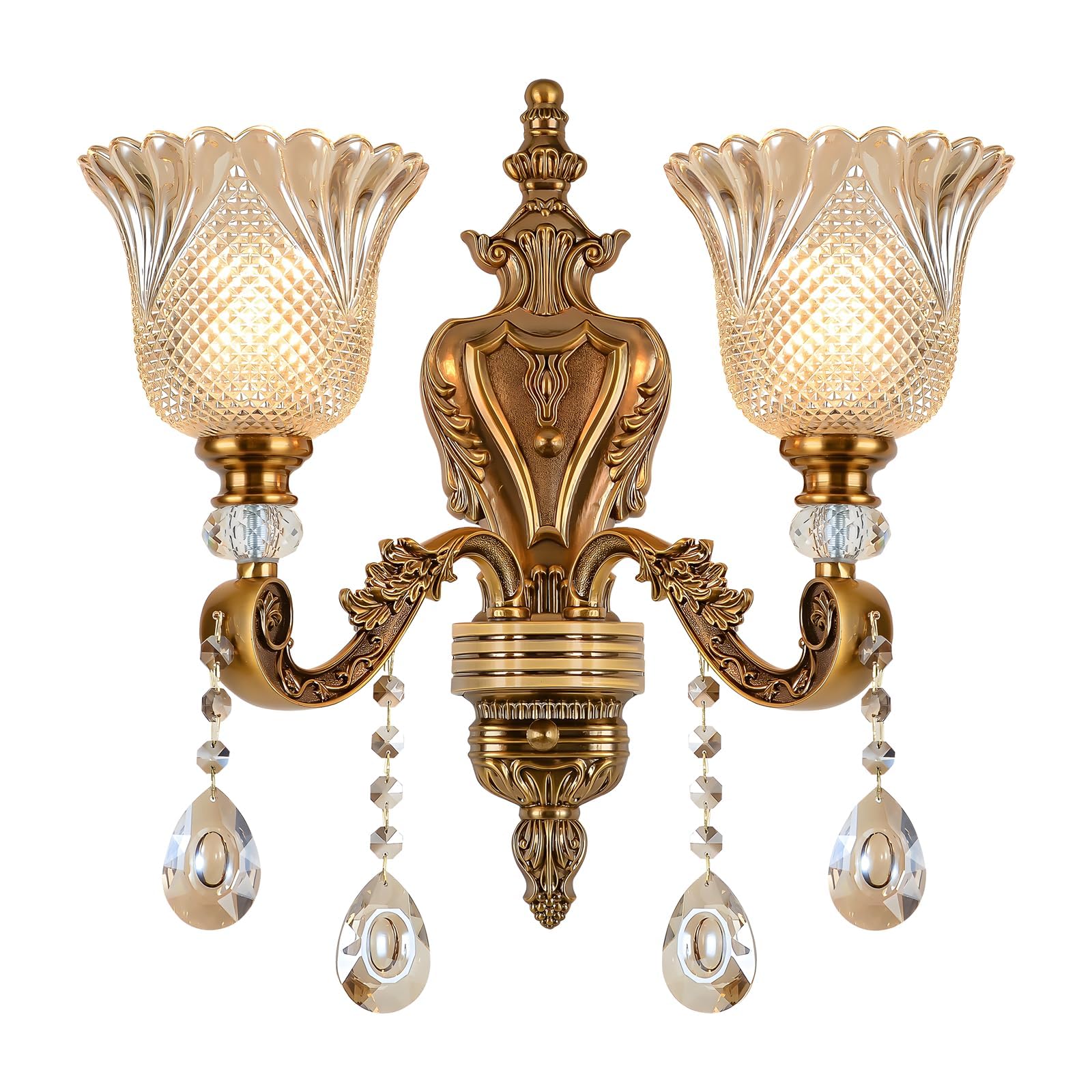 Vintage Floral Wall Mount Lamp 2 Head Crystal Glass Shade Wall Sconce Light Retro Golden Bronze Color Decoration Metal Wall Lamp, Bedside Living Room Restaurant Stairs Hotel Bars (E14 Base, No Bulb)