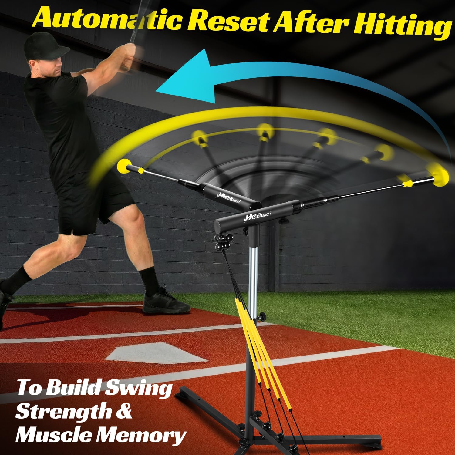 Baseball Hitting Trainer with 4 Power Bands,Auto Reset Softball Swing Trainer For Batting,Hitting Practice,Height Adjustable 31-47 inch Baseball Training Equipment With Metal Stakes & Carry Bag