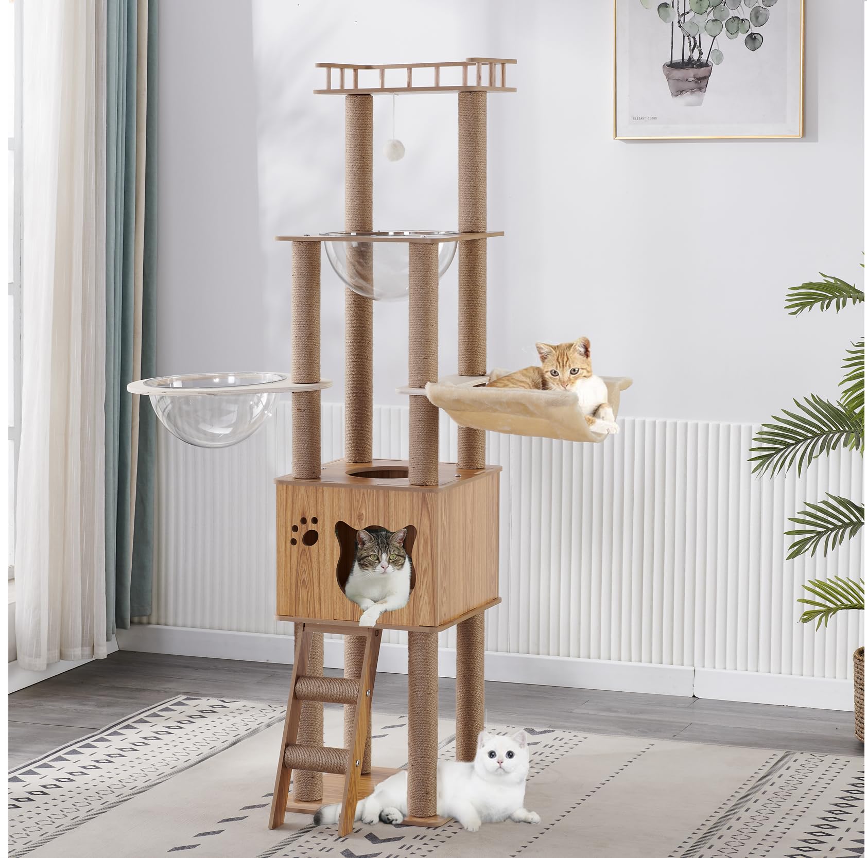 Árbol para Gatos de 155 cm, con 1 Hamaca, casa, 2 cápsulas espaciales Transparentes, 1 Bola Colgante, 1 Plataforma de Salto, árbol para Gatos de Interior (Color del Tronco)