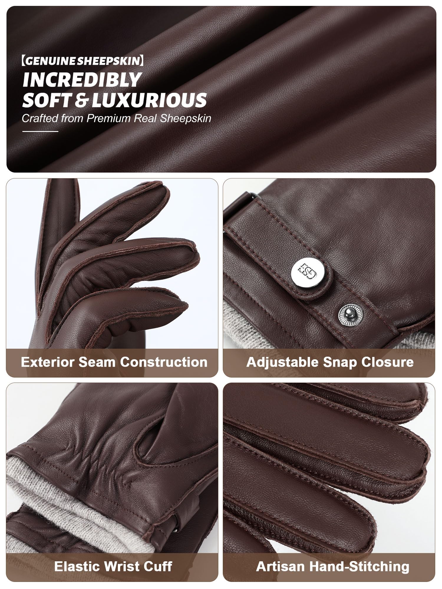 GSG SINCE 1998 Guantes de Cuero Hombre | Piel de Oveja, Compatibles con Pantalla Táctil, Forro de Lana, Guantes de Invierno Cálidos para