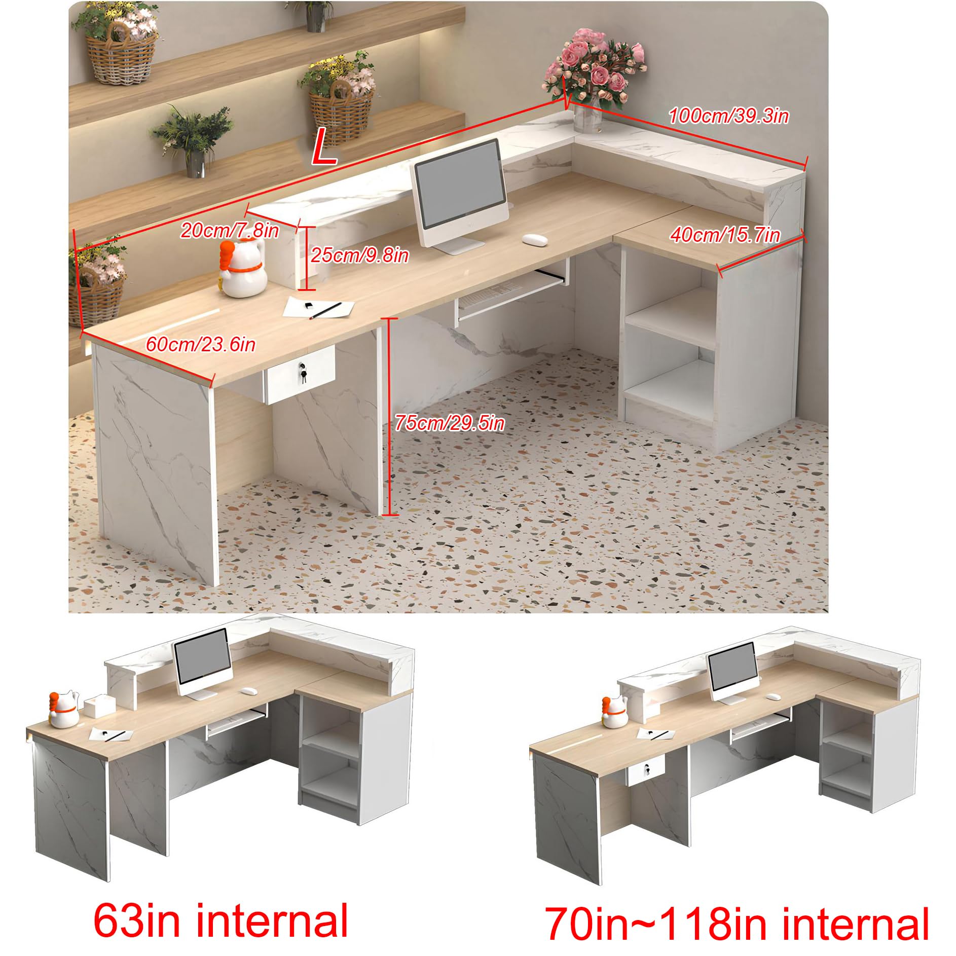Banco reception angolare a L per negozi al dettaglio, moderno bancone reception commerciale con cassetti con serratura, ideale per hall, saloni, uffici, SOHO e negozi (I-Sinistra, 63 pollici/160 cm)