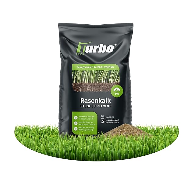 Turbogruen Rasenkalk und Gartenkalk, Turbogrün, 18kg für 180m², gesunder Rasen gegen Moos und Pilze, verstärkt Düngung, Staubarm, Rasendünger Frühjahr, Ideal für den Streuwagen — Saat & Dünger