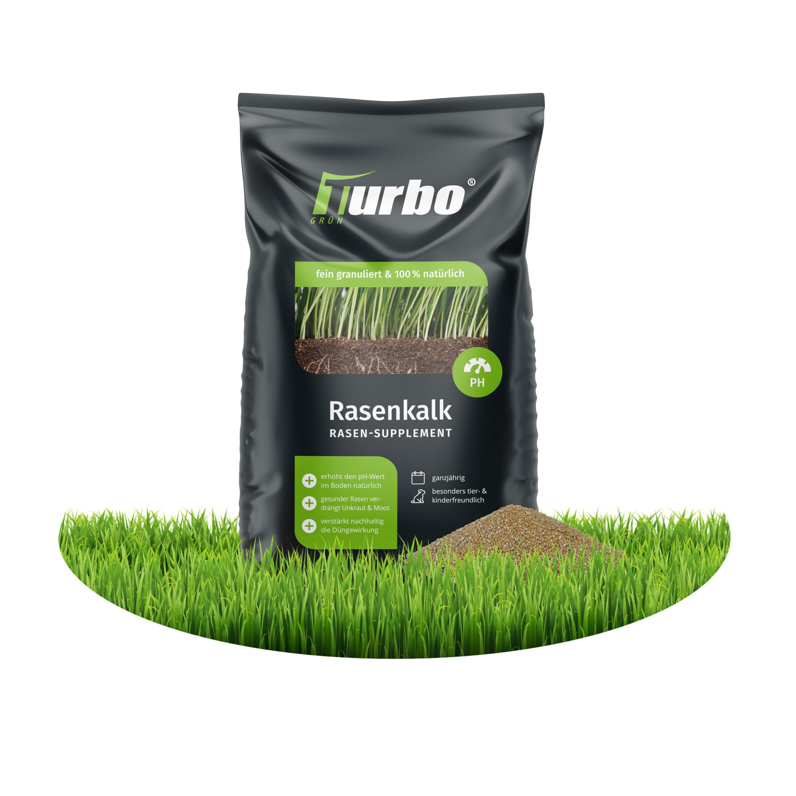 Rasenkalk und Gartenkalk, Turbogrün, 18kg für 180m², gesunder Rasen gegen Moos und Pilze, verstärkt Düngung, Staubarm, Rasendünger Frühjahr, Ideal für den Streuwagen