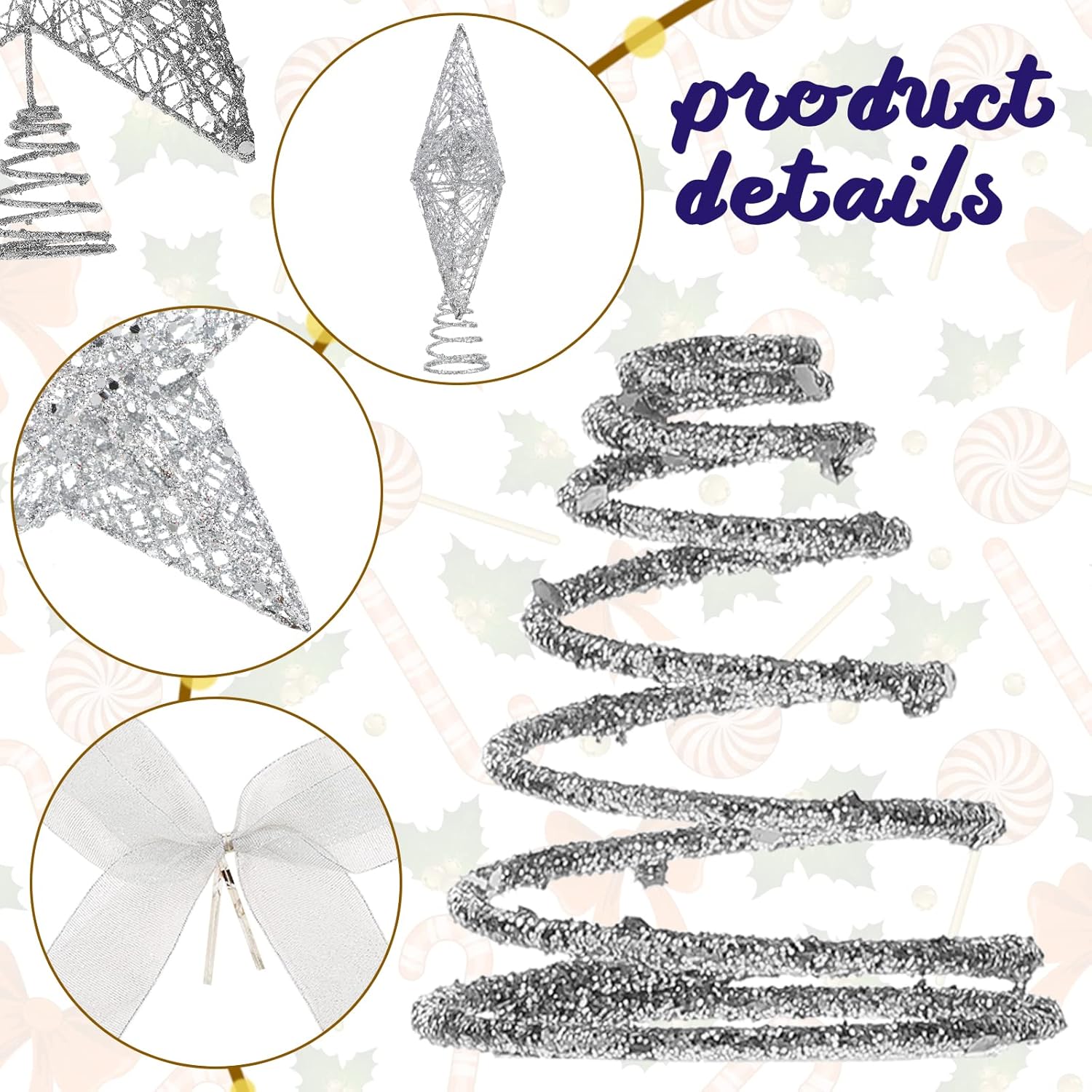 Sumind 9.8 x 11.8 Inch Christmas Star Tree Topper Glittered Star Metal Plug in Treetop Ornaments with Bow and 30 LED String Light for Christmas Tree Indoor Holiday Party Decoration(Silver) - Image 4