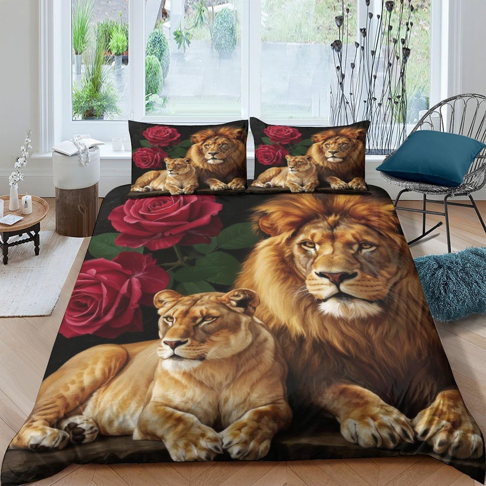 3D Printed Lion Rose Duvet Cover Microfiber Soft Bedroom Double Quilt Cover Set with 2 Pillowcases for Home Decor Single（135x200cm）