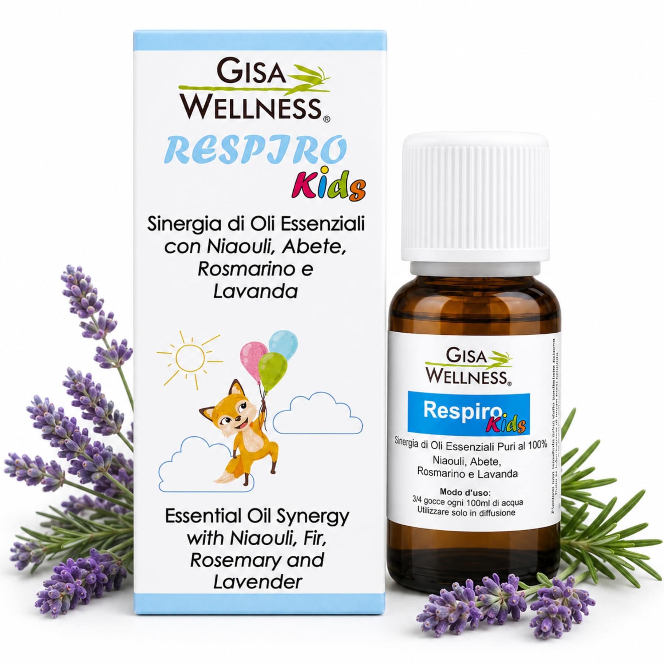 Respiro Kids 15ml, Sinergia di Oli Essenziali Balsamici per Bambini con Niaouli, Abete, Rosmarino e Lavanda, Oli Essenziali Puri per Diffusori, Aromaterapia Compatibile con Polipini Gisa Wellness