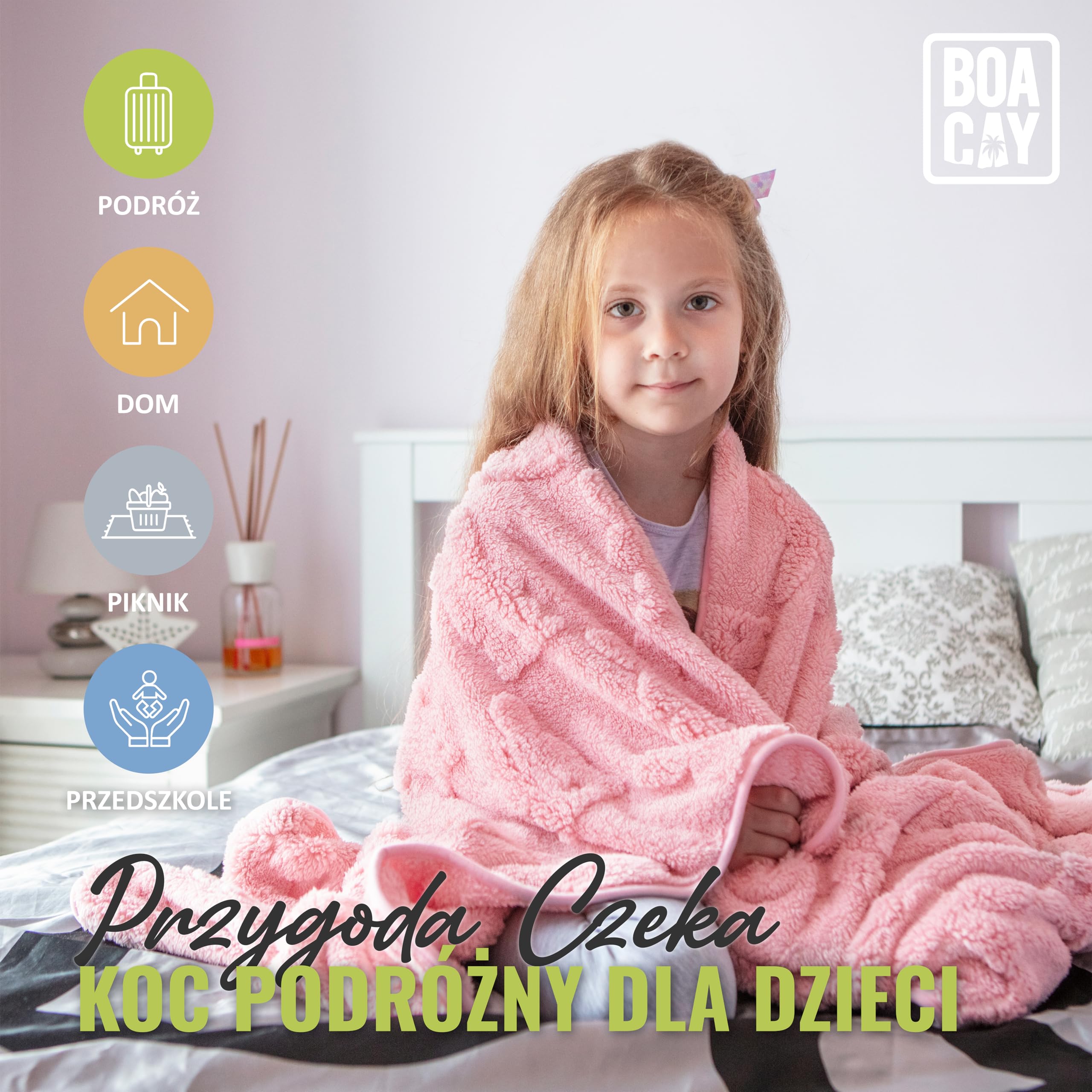 BOACAY Podróżna Kocówka Dla Maluchów do Użytku w Samolocie, Samochodzie - Miękki Koc na Rzucanie dla Dzieci na Opiekę Dziennej - Poduszka dla Dziewczynek, Chłopców z Klipem na Plecak, Rękaw na Bagaż