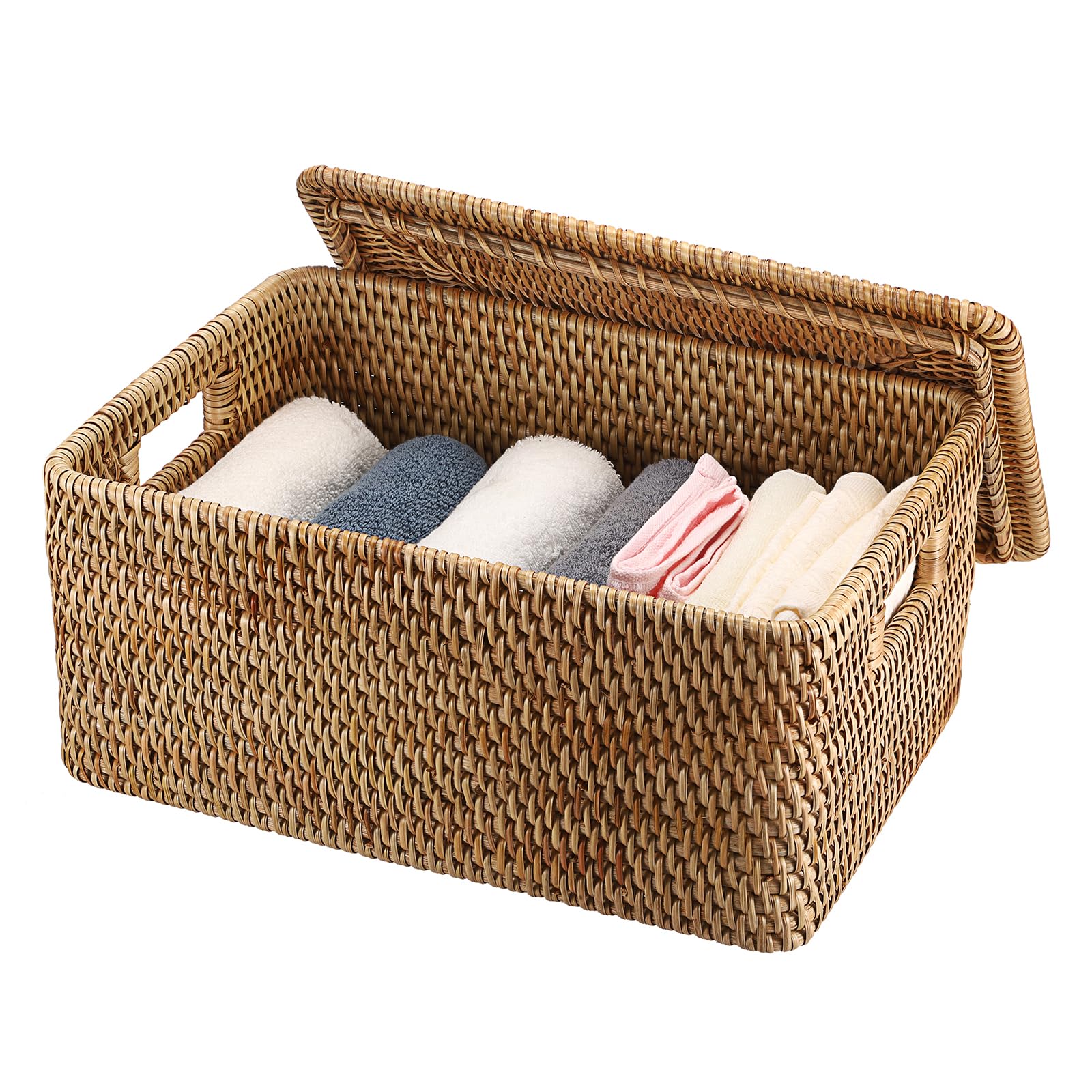 IGNPION Cesta de almacenamiento de ratán con tapa, cesta de almacenamiento decorativa de mimbre para estantes, caja de almacenamiento tejida para baño, armario y mesa, contenedor de almacenamiento