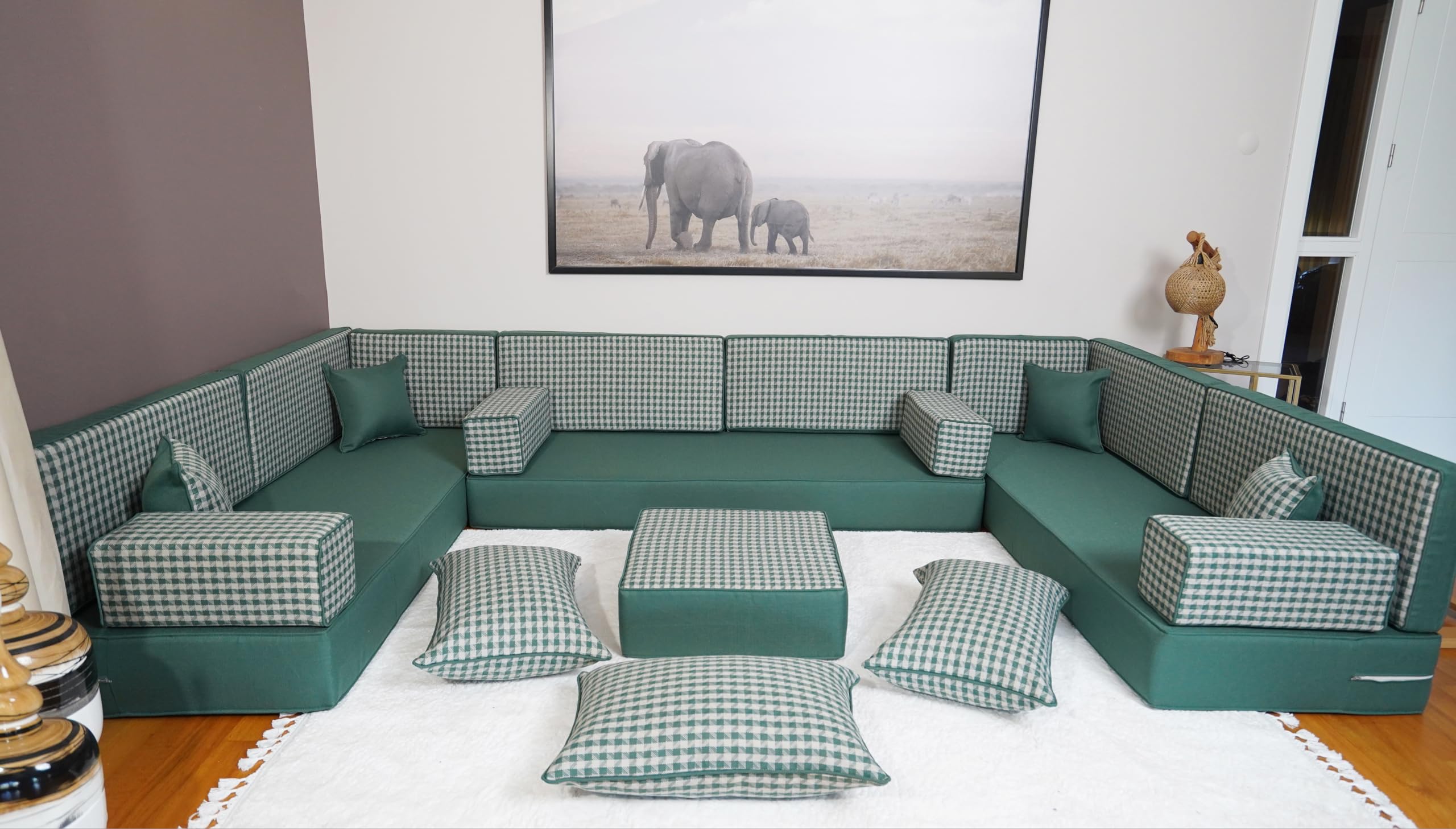Arabic Floor Cushion, Majlis Sofa, Bench Cushion, Moroccan Sofa Set, Turkish Floor Sofa, Floor Seating, Sofa Set Living Room, Diwan Sofa (8'' Thickness Sofa, U Sofa + Ottoman + Pillows, Green)