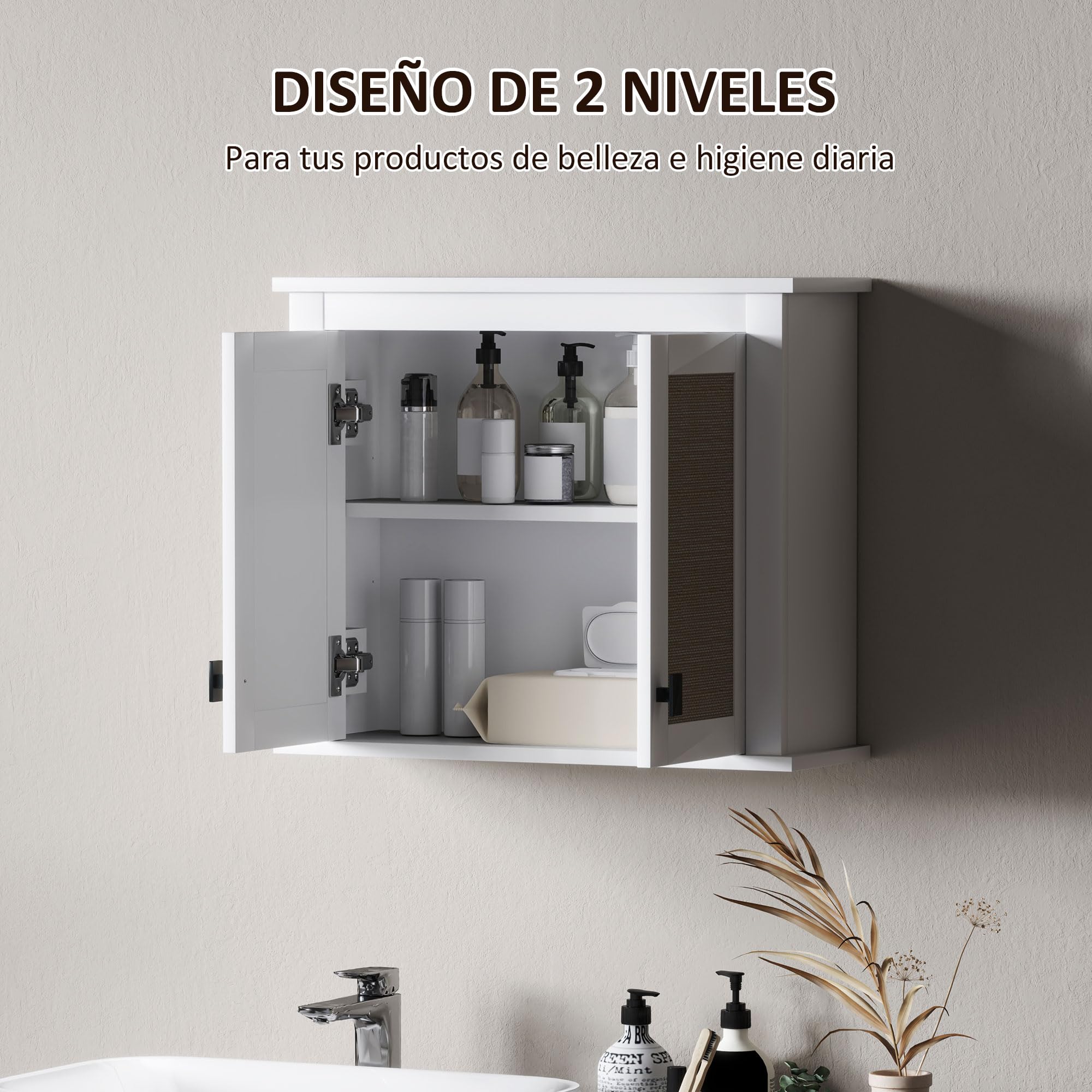 HOMCOM Armario de Pared para Baño Mueble Baño Suspendido 60 cm Blanco | 2 Puertas de Ratán PE, Estante Ajustable, Multiusos, 60x19,5x49,4 cm