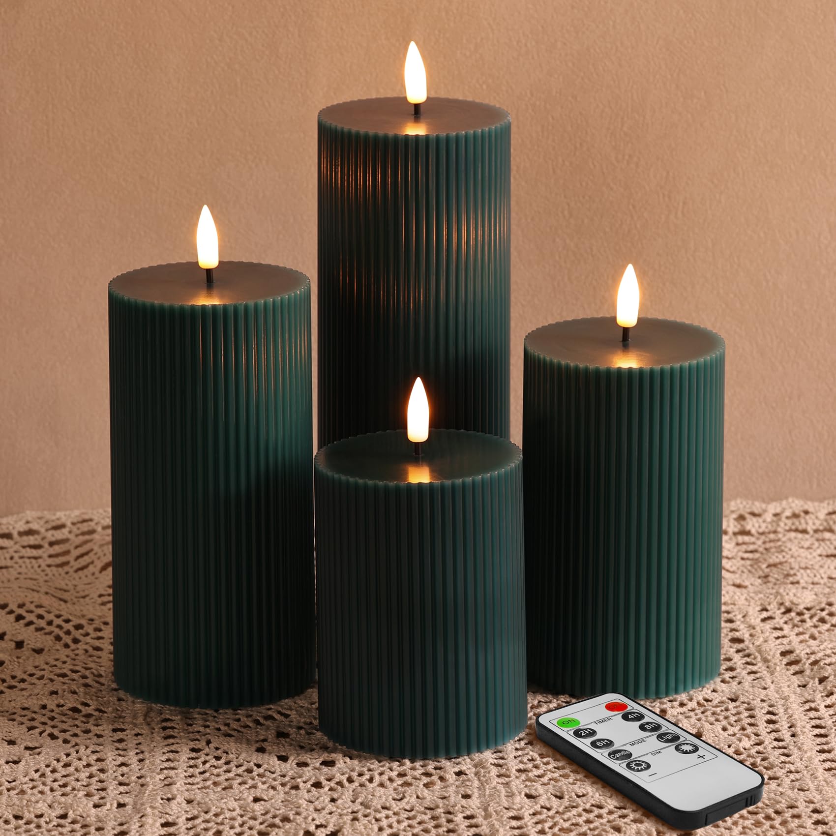Eywamage Green Ribbed Flameless Pillar Candles with Remote, Flickering LED Wax Candles Battery Powered Set of 4 — image 1