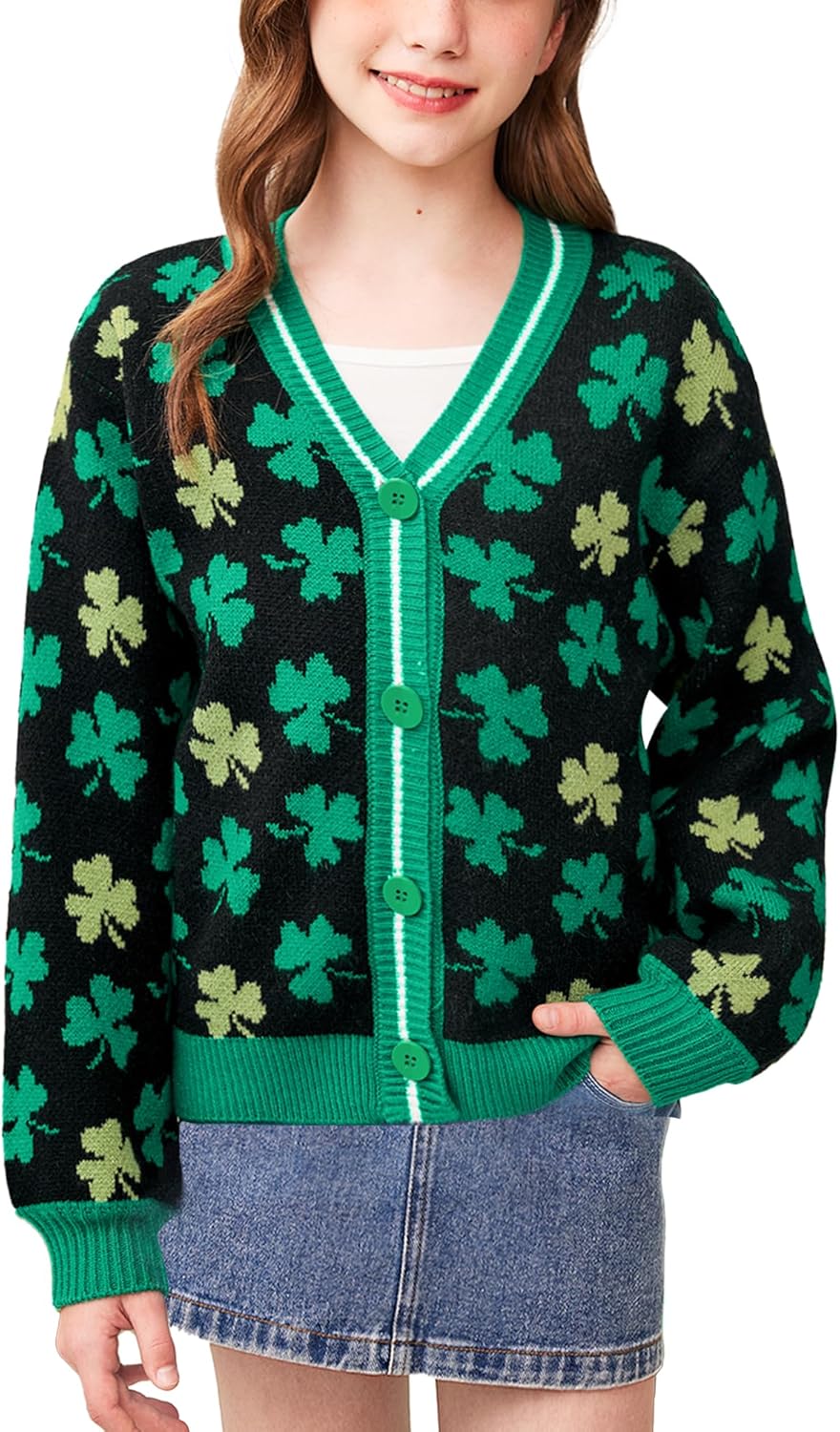 Girls Valentine’s Day Heart Button V-Neck Knit Cardigan St Patricks Lucky Shamrock Sweater 6-14 Years