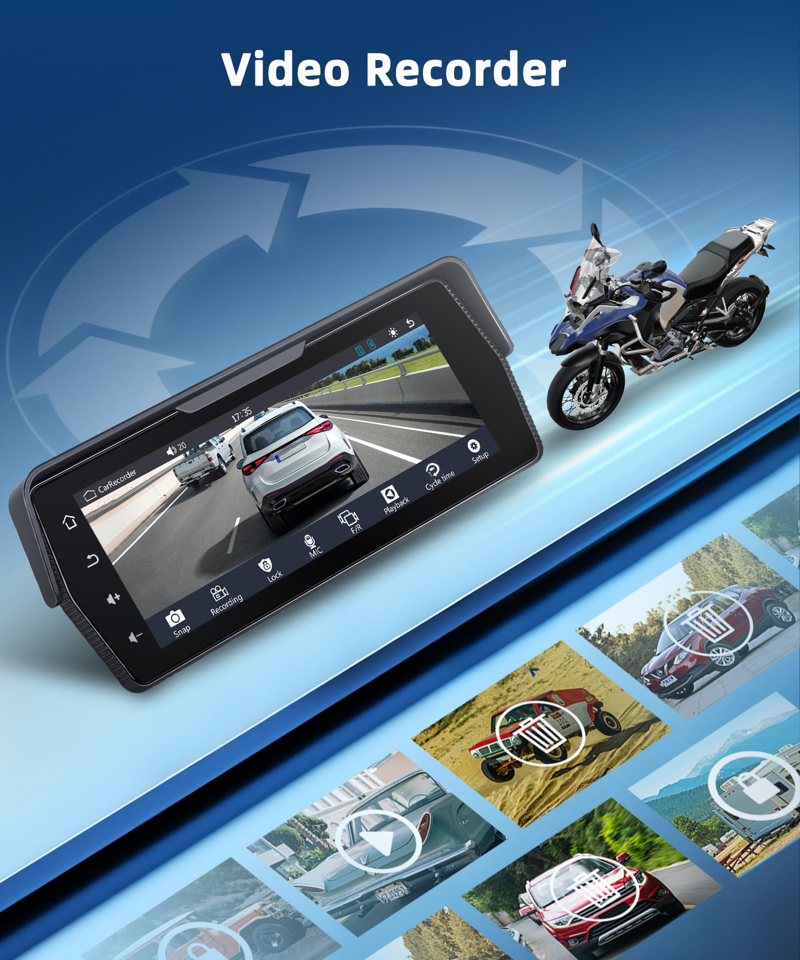 Rimoody sans Fil Carplay Écran Moto avec Dashcam 2 Caméras Avant et Arrière, 6.86 Pouces Écran Portable Carplay pour Motocycle Android Auto/Étanche IP68/Loop Video/Bluetooth/Mirror Link/Navi/Siri/EQ
