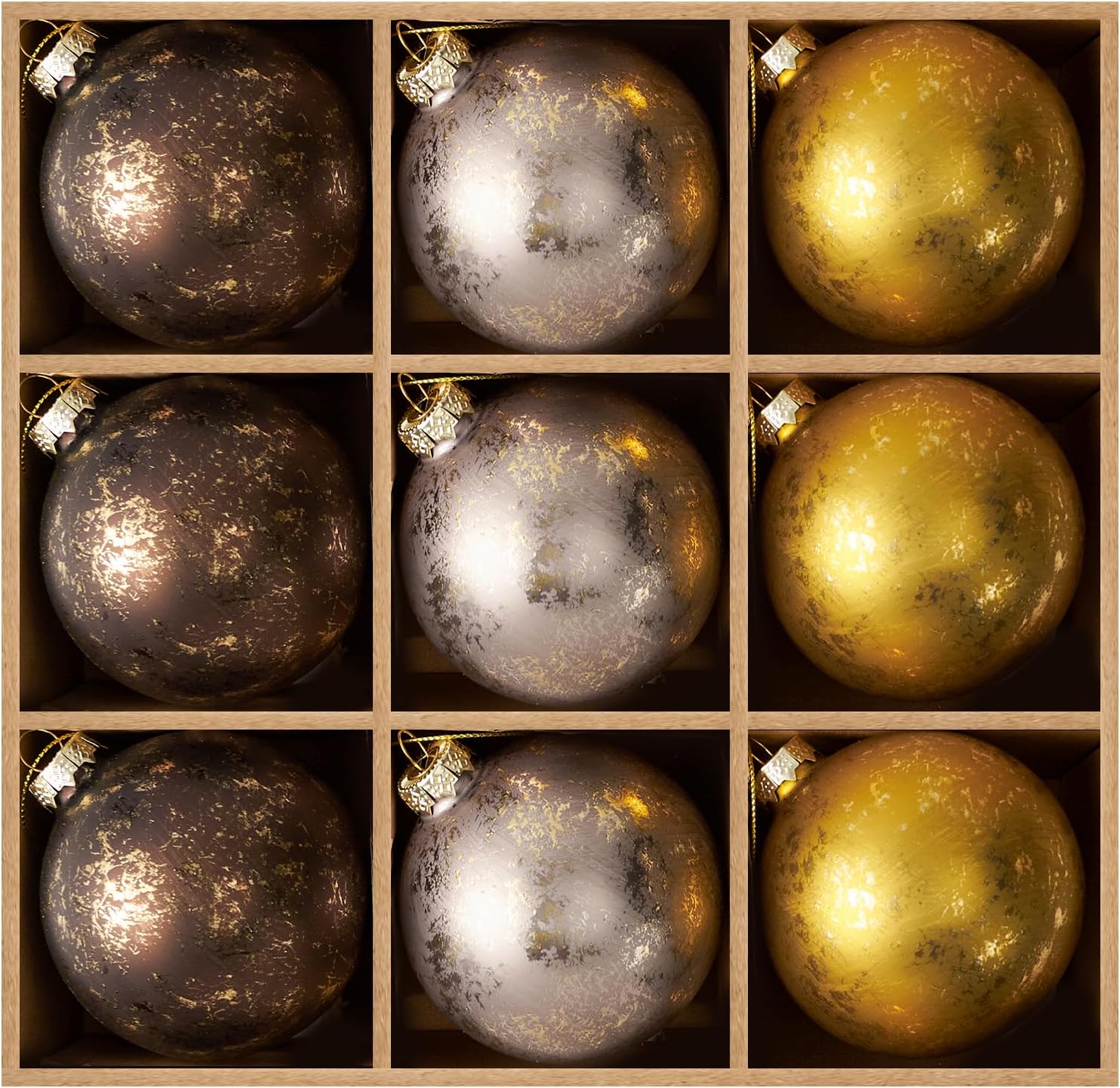 DN DECONATION Christmas Ball Ornaments Set of 9, Gold & Silver & Brown Glass Ball Ornaments 3.14”, Decorative Hanging Ornaments for Christmas Tree, Holiday Decorations Indoor Winter Decor Gift
