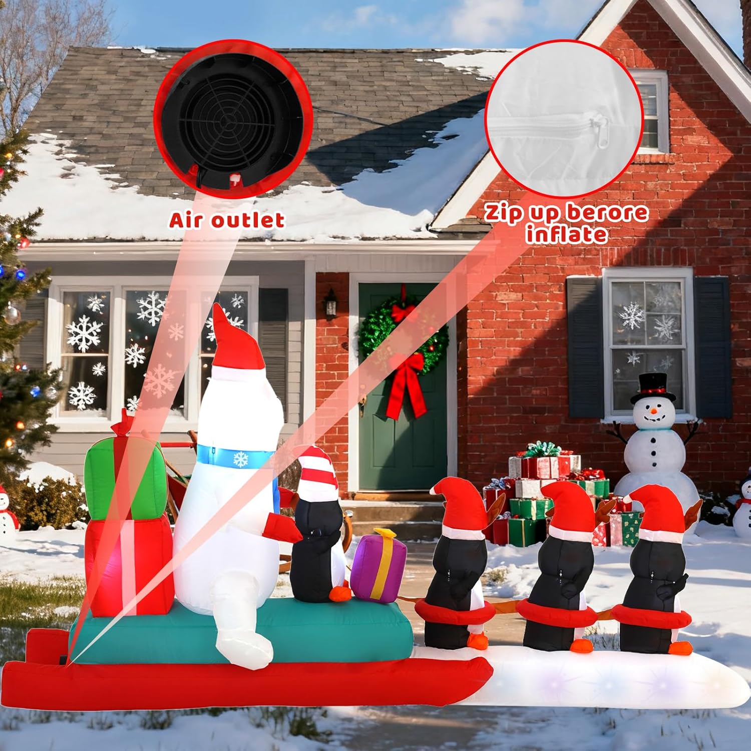 10FT Penguin Pulling a Polar Bear On a Sleigh Christmas Outdoor Inflatable Decoration, Built-in LED Lights and Flashing Lights, Suitable for Christmas Lawns, Gardens, and Courtyards