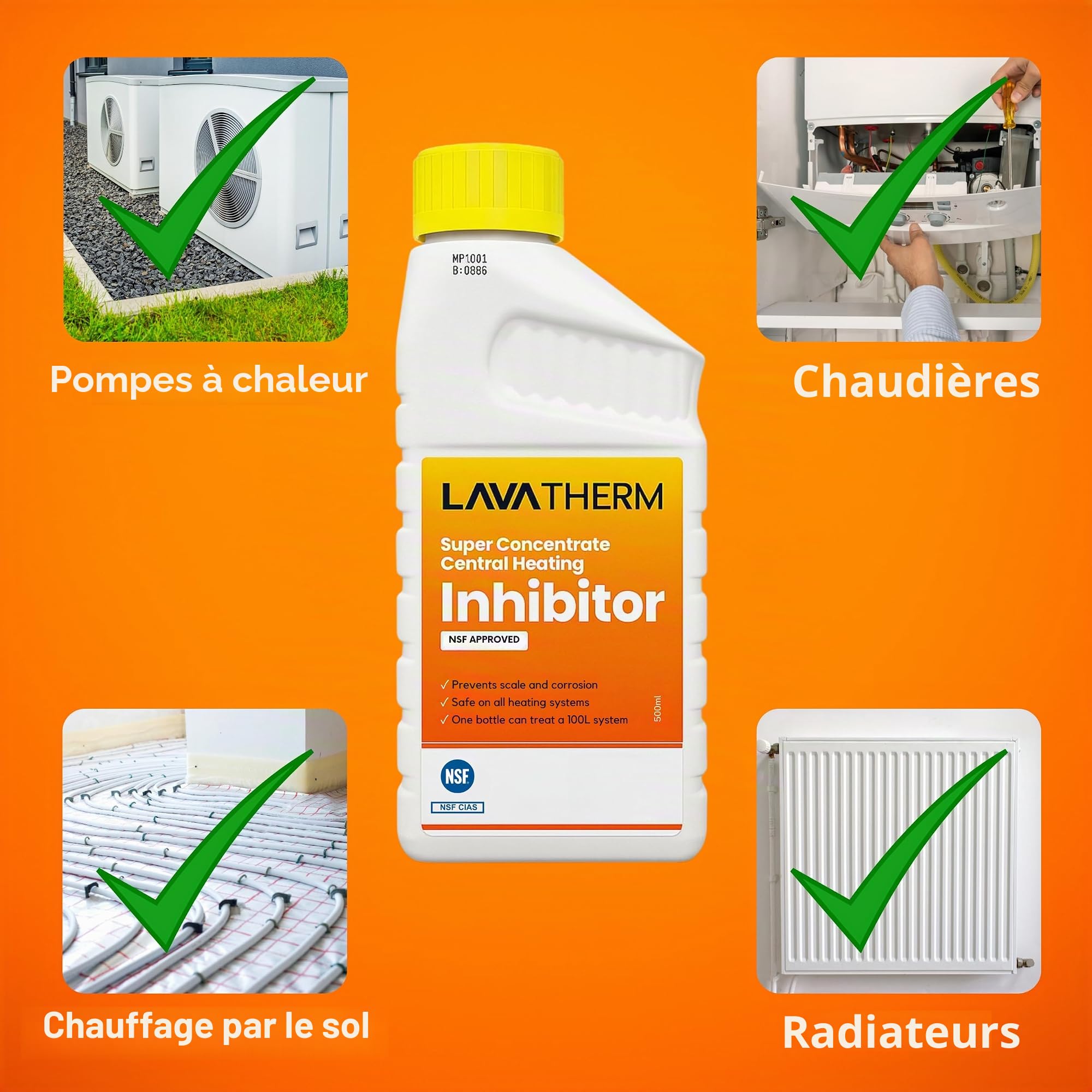 Inhibiteur de chauffage central super concentré 500 ml – Empêche le calcaire et la corrosion, sans danger pour tous les systèmes de chauffage, traite jusqu'à 100 L, approuvé NSF, améliore