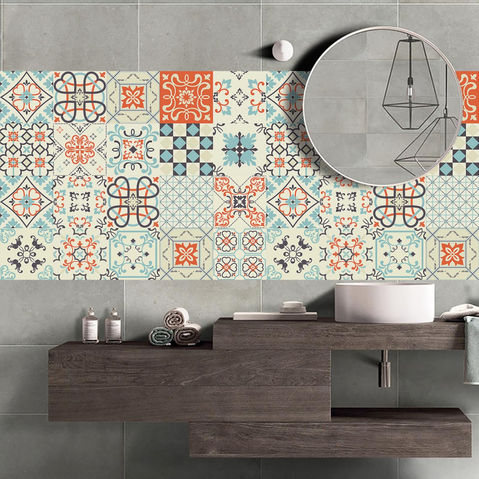 Peel and Stick Wall Tiles Blue Orange Geometry Tiles Self Adhesive PVC Home Decor Backsplash Kitchen Tile Stickers Waterproof Tile Stickers for Bathroom 20x20cm /20 Pcs