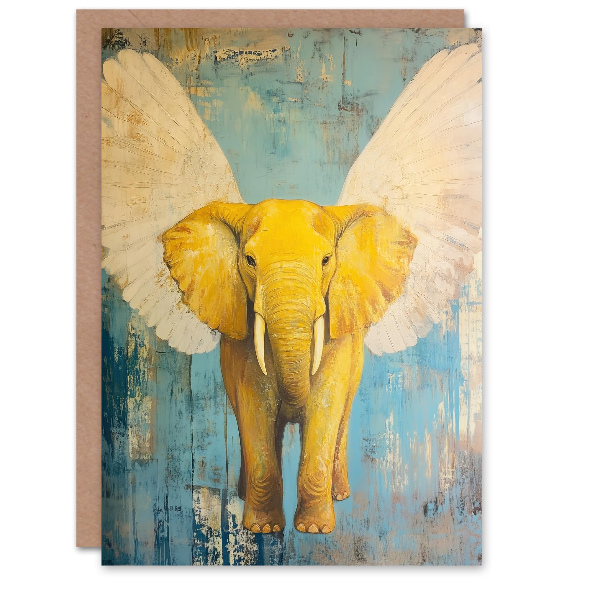 Artery8 Greeting Card Yellow Elephant With Angel Wings Oil Painting Blank For Him Or Her Art Birthday Card