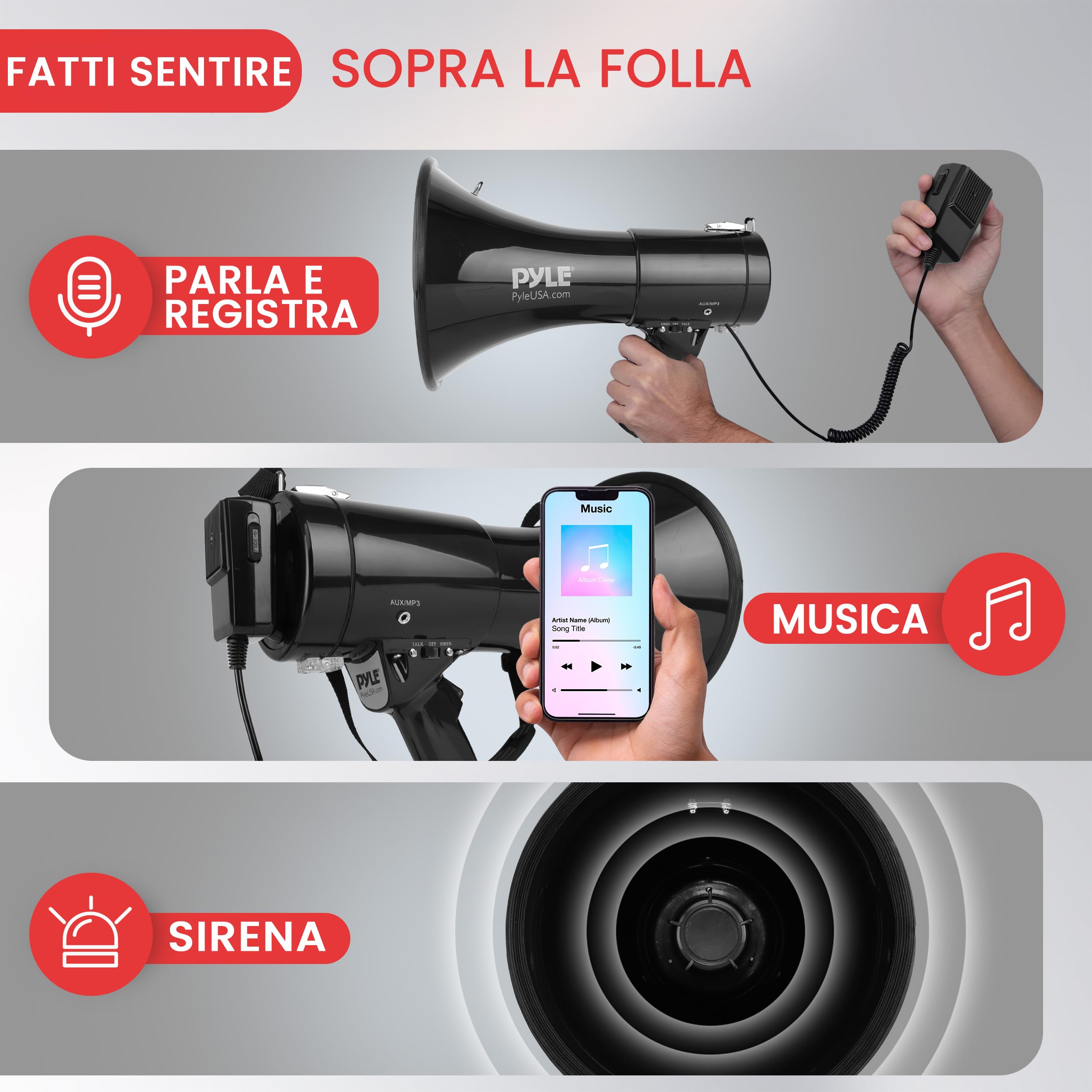 Pyle Megafono con Sirena Integrata 50 Watt e Megafono Portatile Volume Regolabile per Sport, Calcio, Basket, Baseball, Fans e Allenatori di Cheerleading e Sicurezza, Nero