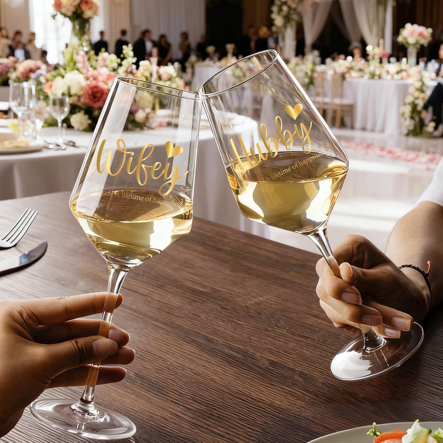Engagement Wine Glasses Gift Set of 2 Gold Print with 'Hubby' and 'Wifey' Wedding Bridal Shower Gifts for Couples Bride and Groom - Image 2