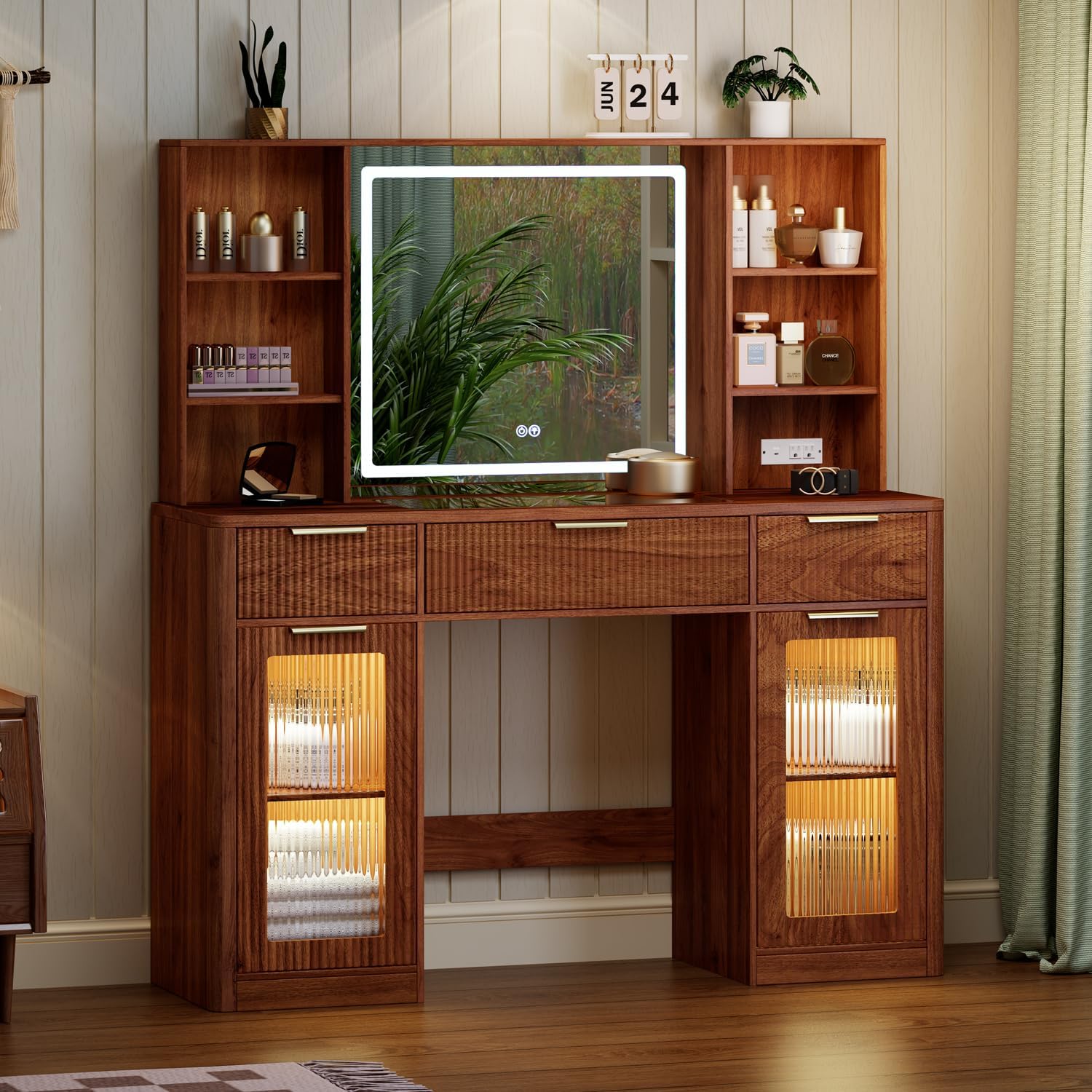 47" Large Vanity,Modern Fluted Makeup Vanity Desk with Mirror and Lights, Glass Top Vanity with 3 Drawers and 2 Cabinets&Charging Station,Dressing Table for women and girls’ bedrooms. Walnut