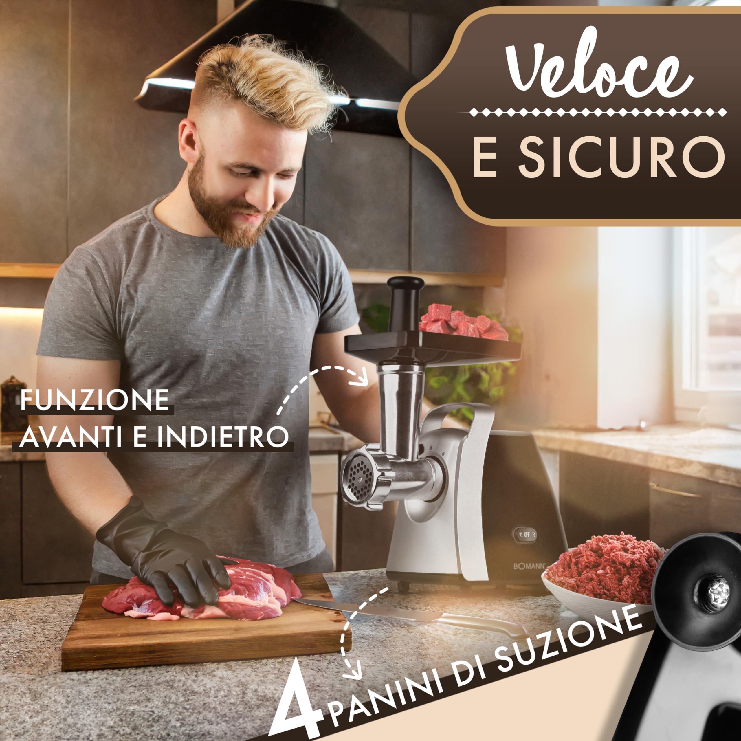 Bomann® tritacarne elettrico 1000W, accessorio per biscotti/spritz, 3 dischi trafila in metallo, funzione avanti e retromarcia, insaccatrice inclusa, corpo e coclea in metallo, FW 6067 CB