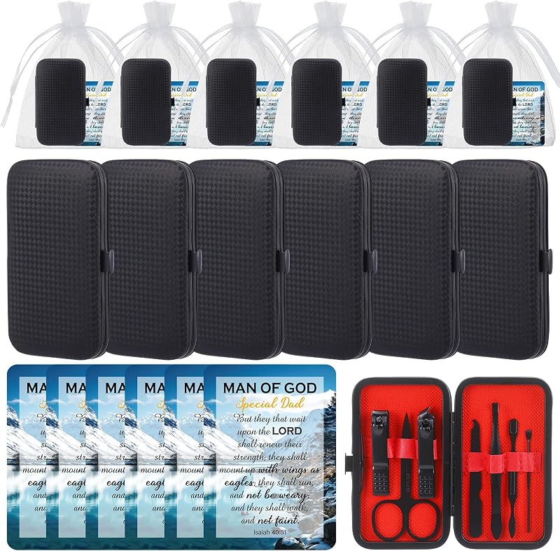 6 Sets Man of God Gifts Bulk Christian Manicure Set Gift for Fathers Day Mini Nail Clipper Tools Fingernail Toenail Clipper Cutter Professional Stainless Steel Kit with Travel Case for Dad Men