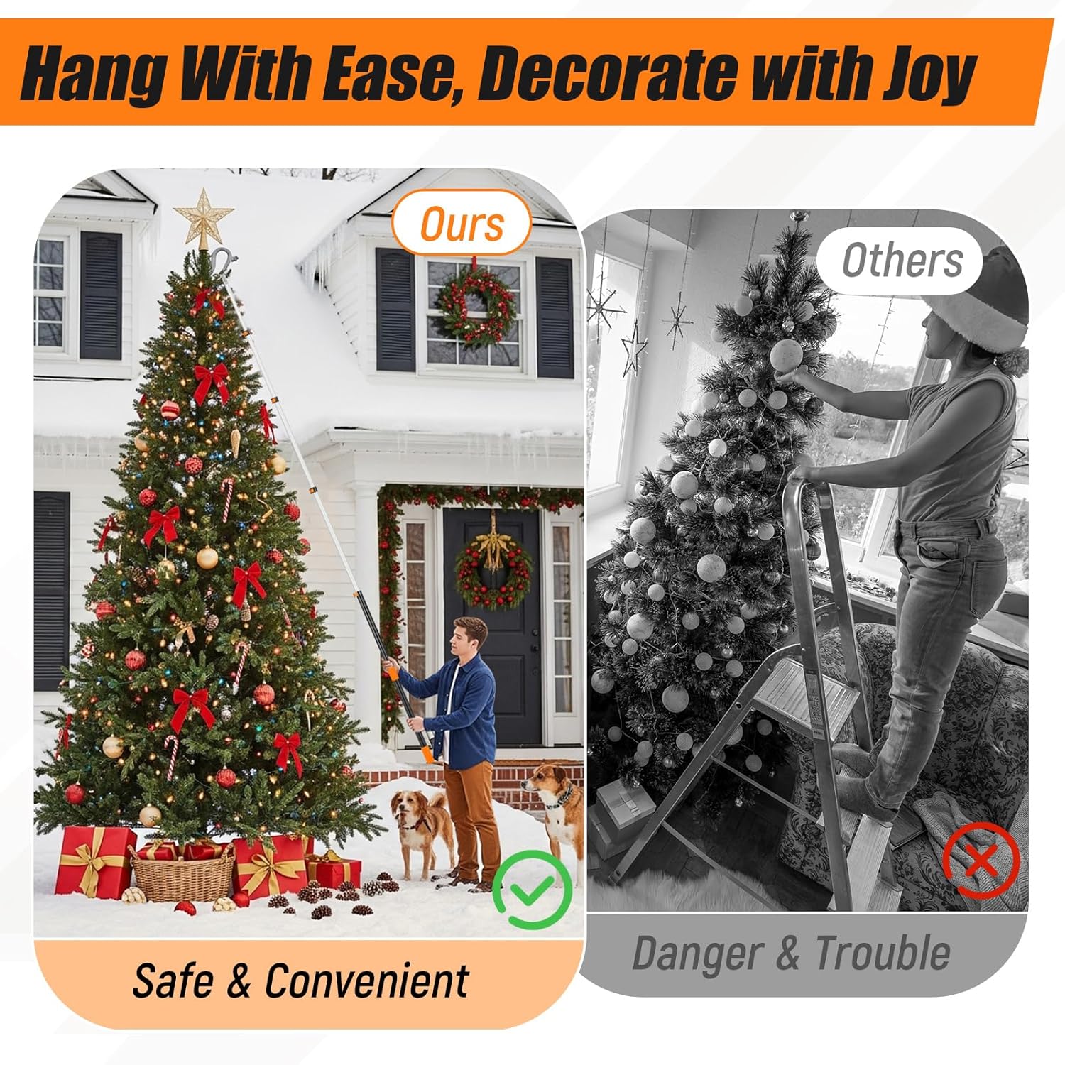 4.3-18 ft Telescopic Extension Pole with Utility Hook, Multi-Purpose Aluminum Pole for Painting, Dusting and New Year Window Cleaning Christmas Lights Installation Without a Ladder(Orange)