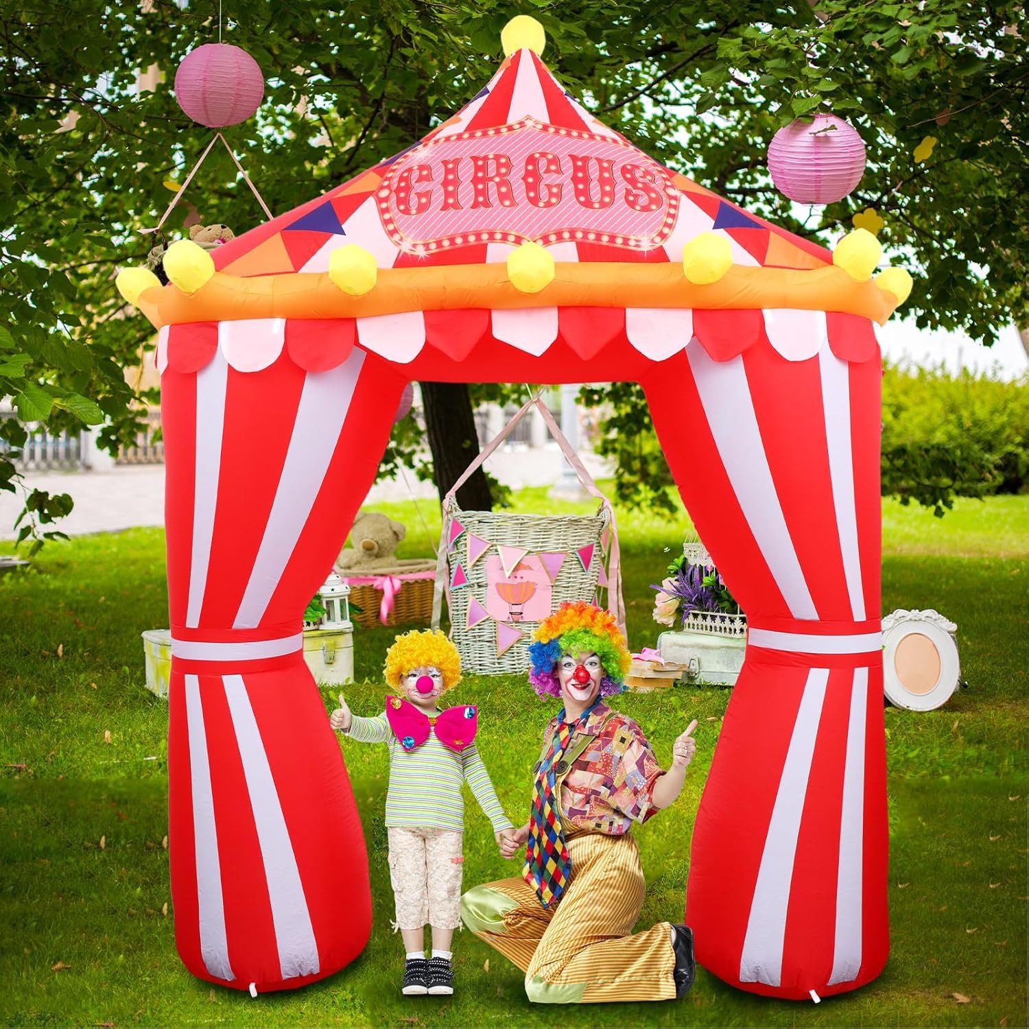10ft Circus Party Decorations Inflatable Arch Blow up Tent Built in LED Lights Red and White Striped Archway for Circus Carnival Theme Birthday Party Decoration Outdoor Yard Garden Halloween Decor