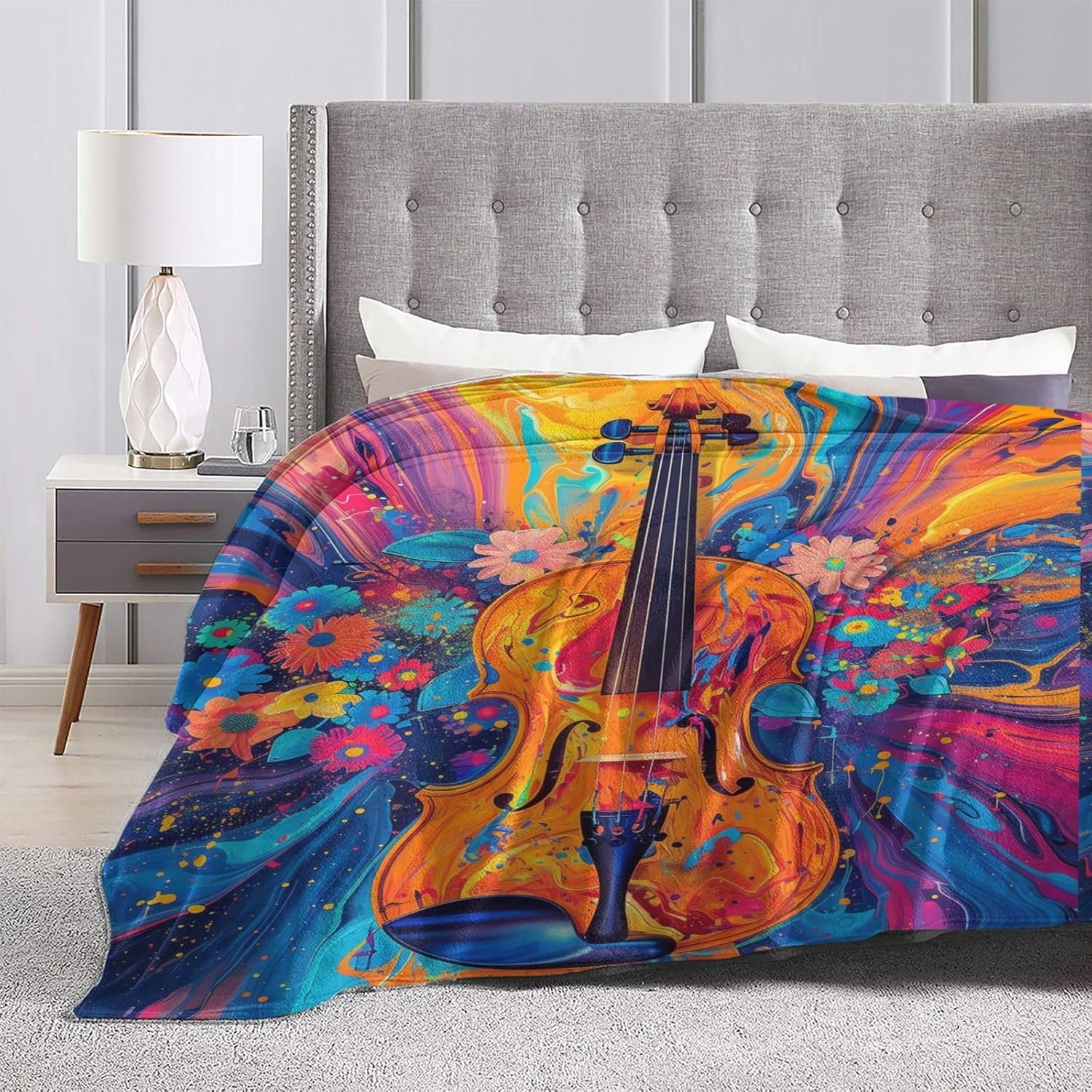 Colorful Violin Art Blanket for Women, Music Lovers Throw Blankets Soft Lightweight Flannel Throws for Bed Sofa Home Decor, Gifts for Girls Kids, 50x60in