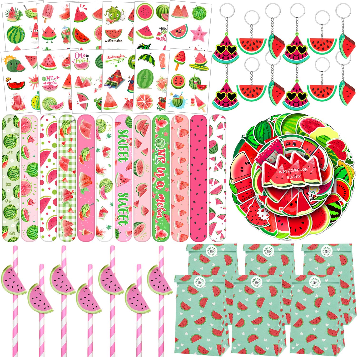 YYMYMGJ Watermelon Party Favors 110 PCS One in A Melon Slap Bracelets, Stickers, Straws, Temporary Tattoos, Key Chains and Gift Bags for Kids 1st Watermelon Birthday Party Baby Shower Supplies