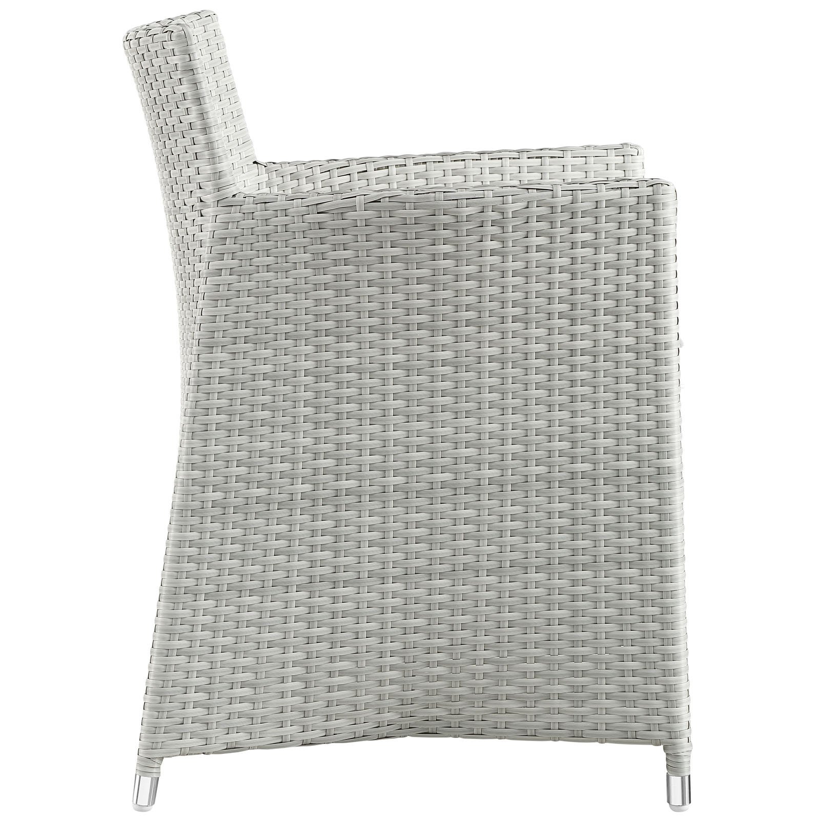 Junction - Juego de comedor de mimbre de ratán de 7 piezas para exteriores con mesa de comedor de 80 pulgadas y seis sillones de comedor con cojines en gris y blanco 3