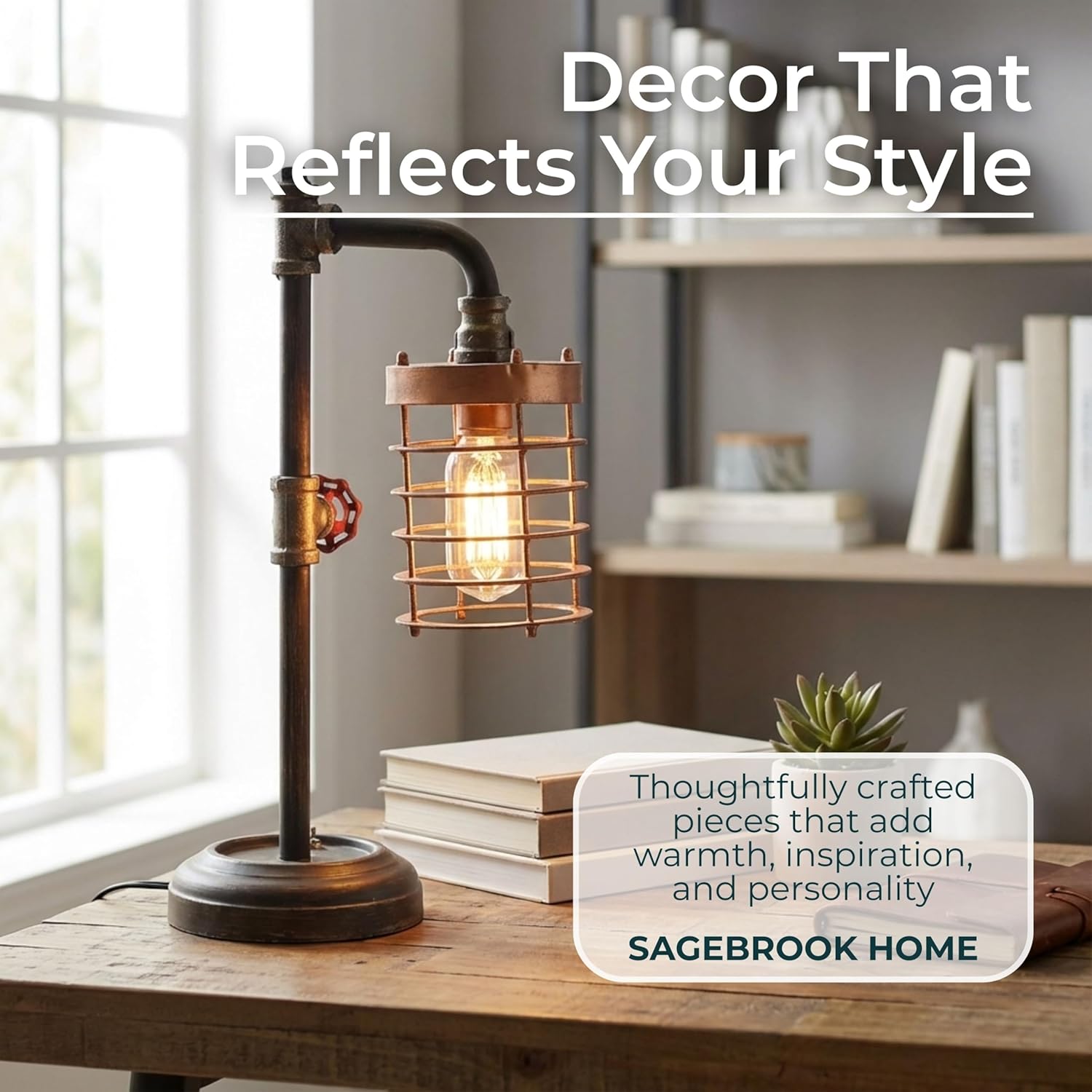 Mondern Metal Pipe Table Lamp for Home Decor - Tabletop Light for Bedroom Nightstand, Living Room, and Bedside - Decorative Accent Lamp for Office, Desk, and Study Room - 18", Brown & Gold