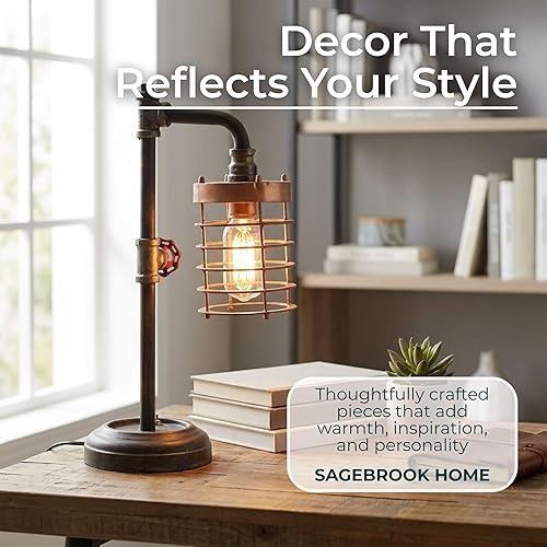 Miniatura 6 de Sagebrook Home Lámpara de mesa de tubo de metal de estilo industrial, bombilla incluida, funciona con pilas, negro y cobre, 11 pulgadas de largo x 6