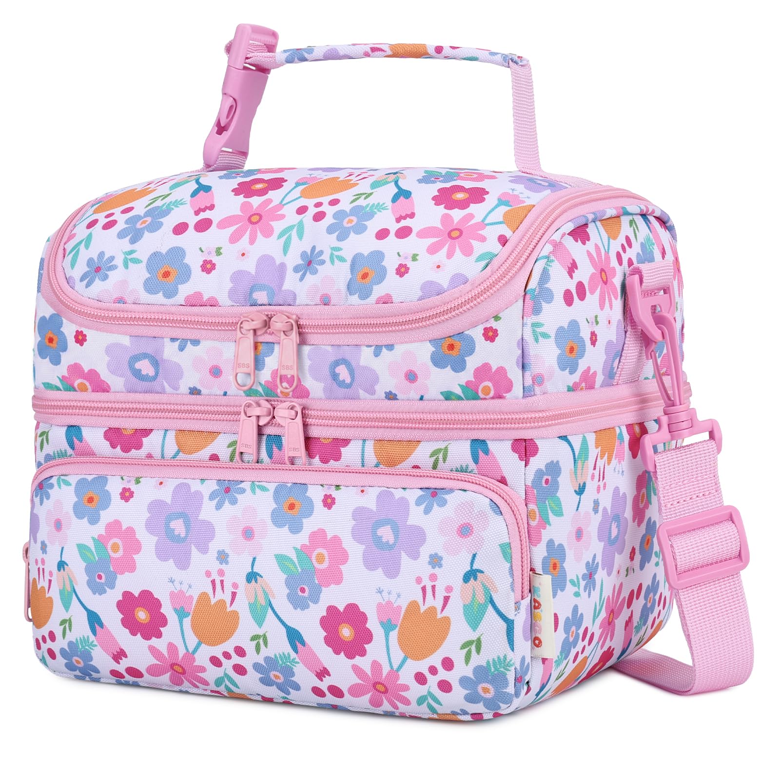 Kasgo Kids' Insulated School Lunch Bags, Large 7.5L 2-Compartment Lunch Box with Adjustable Detachable Shoulder Strap, Clip-On Handle & Easy-Clean Lining (Pink Floral)