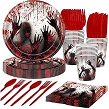 168 Pcs Bloody Halloween Supplies Serve 24 Zombie Horror Halloween Birthday Party Decorations Scream Bloody Good Time Party Plates and Napkins Dinnerware Set Horror Movie Decorations