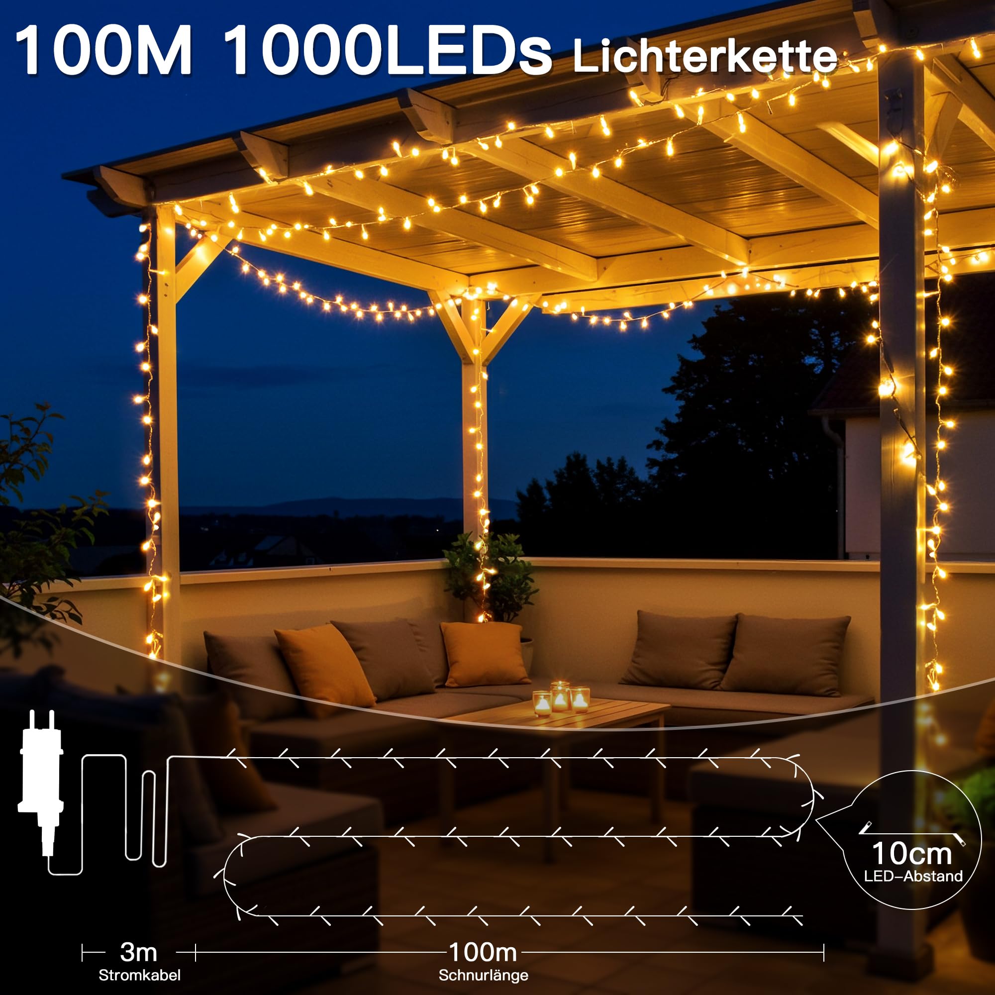 Lichterkette Außen Outdoor 100m 1000 LEDs Warmweiß IP44 Wasserdicht | Fernbedienung & Timer mit 8 Modi. Lichterketten Deko für Innen & Außen, Garten, Balkon, Camping, Party & Hochzeit