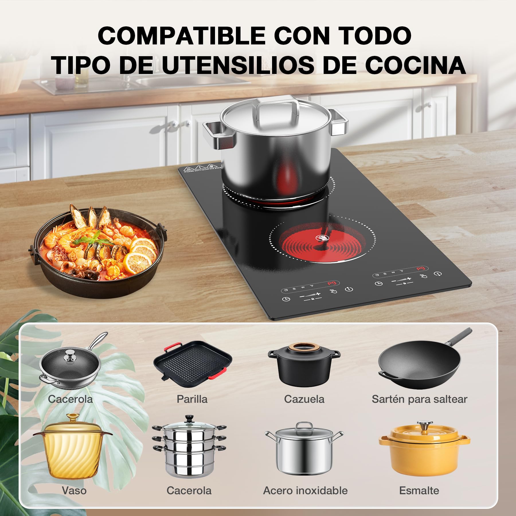 VBGK Placa Vitrocerámica 2 Fuegos con Enchufe, 3000W Placa Electrica Cocina Empotrable, 9 Niveles de Potencia, Temporizador, Bloqueo Niños, Compatible con Todos los Utensilios, 220-240V