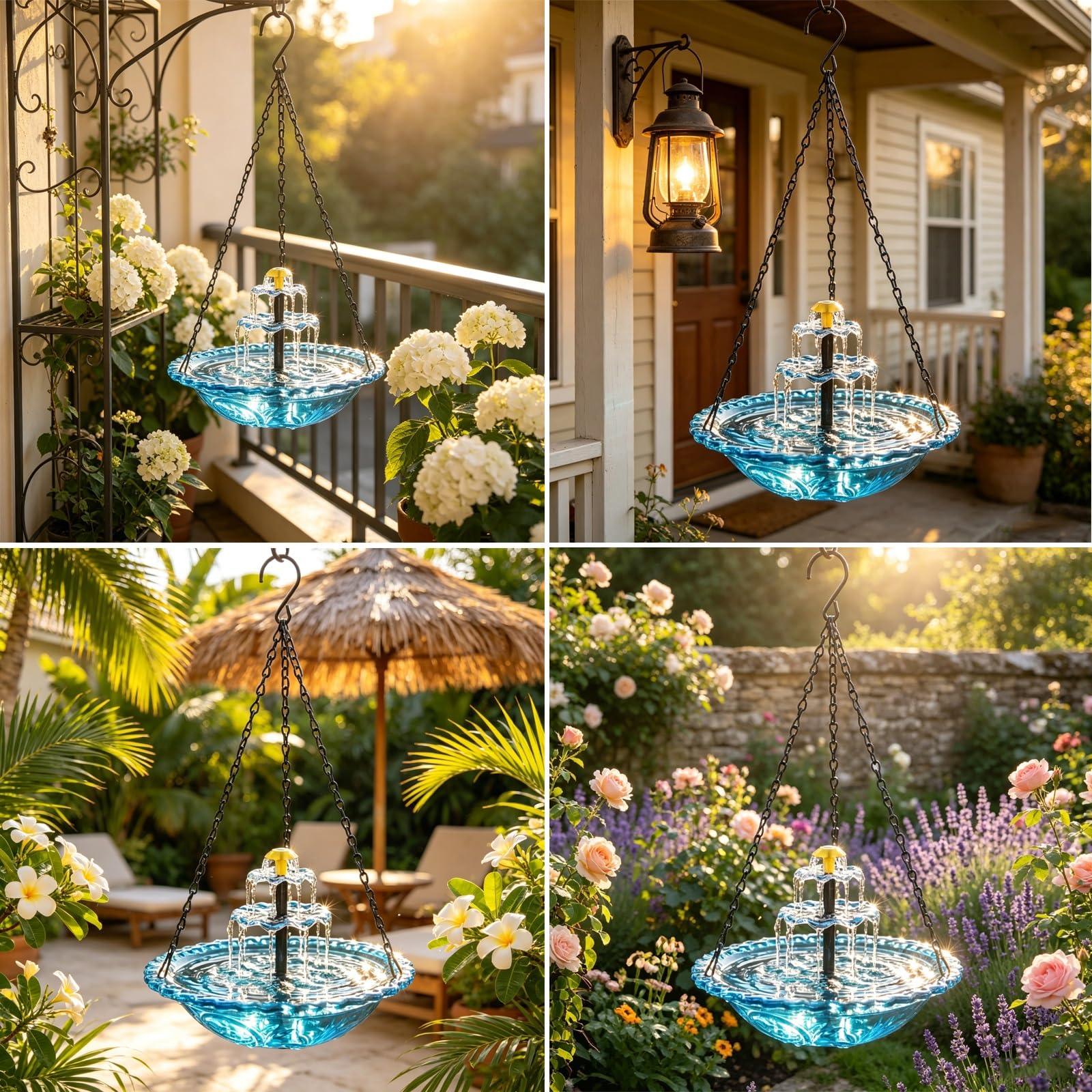 Mangiatoia per Uccellini da Esterno, Vaschetta per Uccelli Appendibile con Fontana Solare a Cascata, Kit Doccia per Colibrì, per Patio, Giardino, Balcone(Pink)