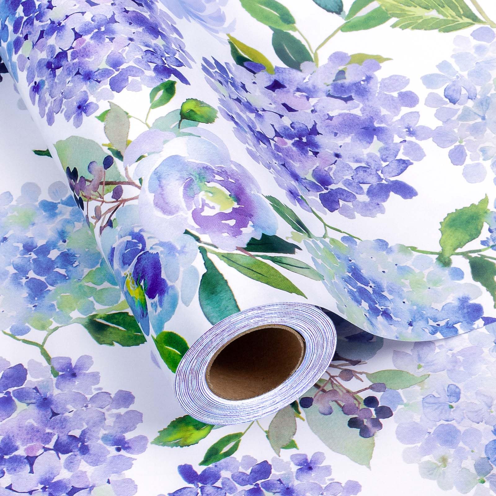 MAYPLUSS Floral Gift Wrapping Paper Roll - Watercolor Blue Hydrangea Design Floral Gift Wrap Paper for Wedding, Bridal Shower, Mother’s Day,