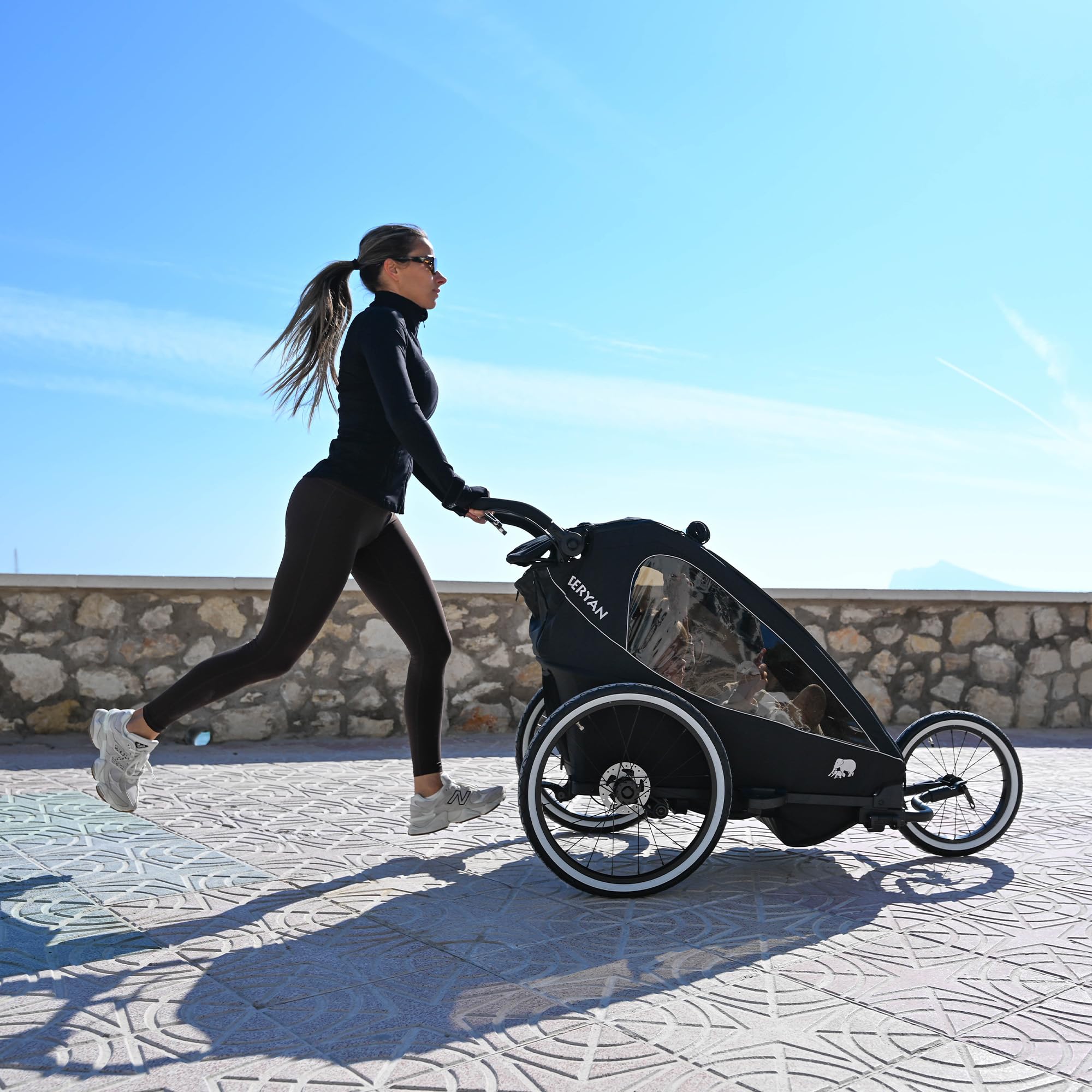 Deryan Luxus 3-in-1 Rimorchio per Bicicletta v2 per 2 Bambini – Rimorchio per Bicicletta, Passeggino & Jogger – Passeggino Multifunzionale con Cintura a 5 Punti – Nero