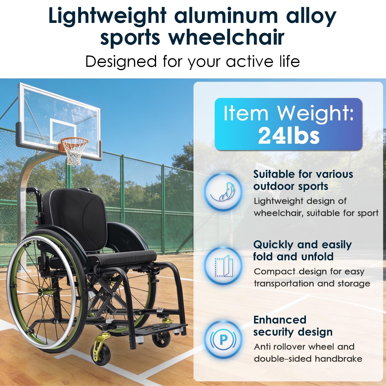 Silla de ruedas manual ligera, silla de ruedas deportiva ultraligera portátil todo terreno, silla de ruedas plegable, sillas de ruedas de transporte con antivuelco(Black B,38cm/15in)