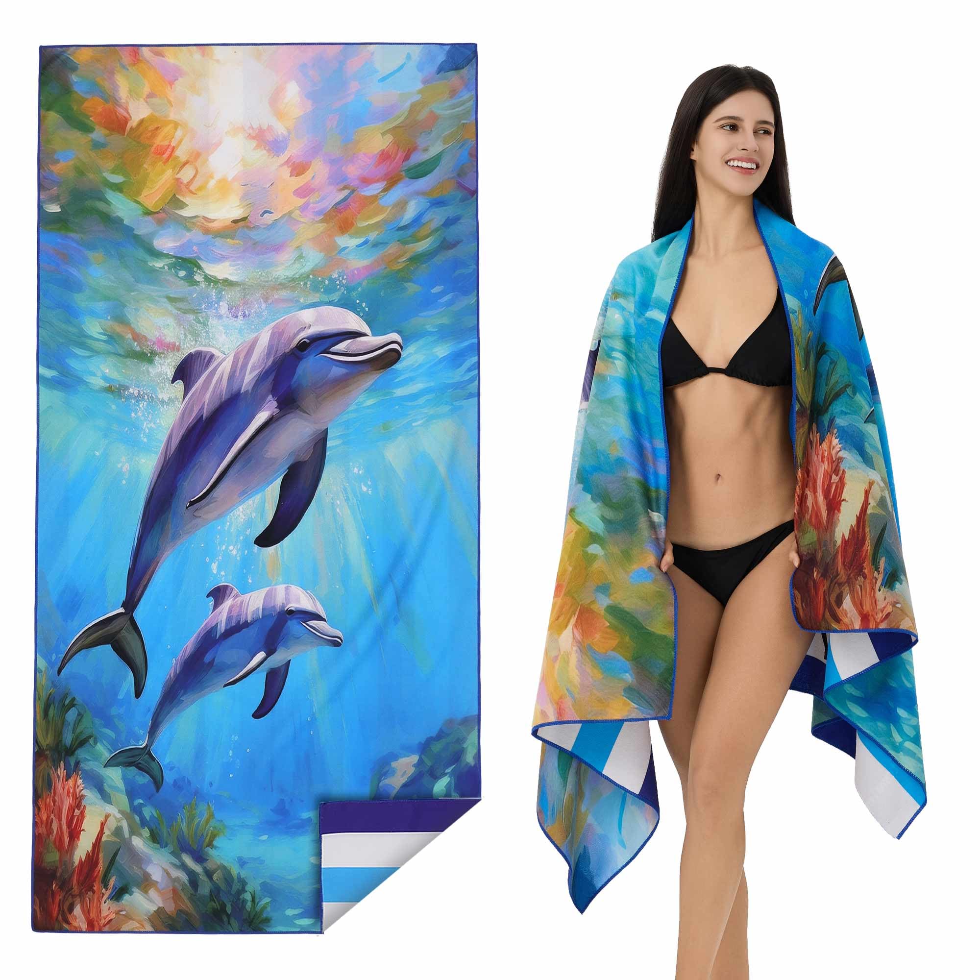 Microfiber Extra Large, Oversized Blue White Striped Beach Towels (70''x35''), Soft&Lightweight 2 Pack XL Quick Dry Cute Dolphin Towel for Adults & Women，Sand Free for Pool,Spa,Swim,Travel
